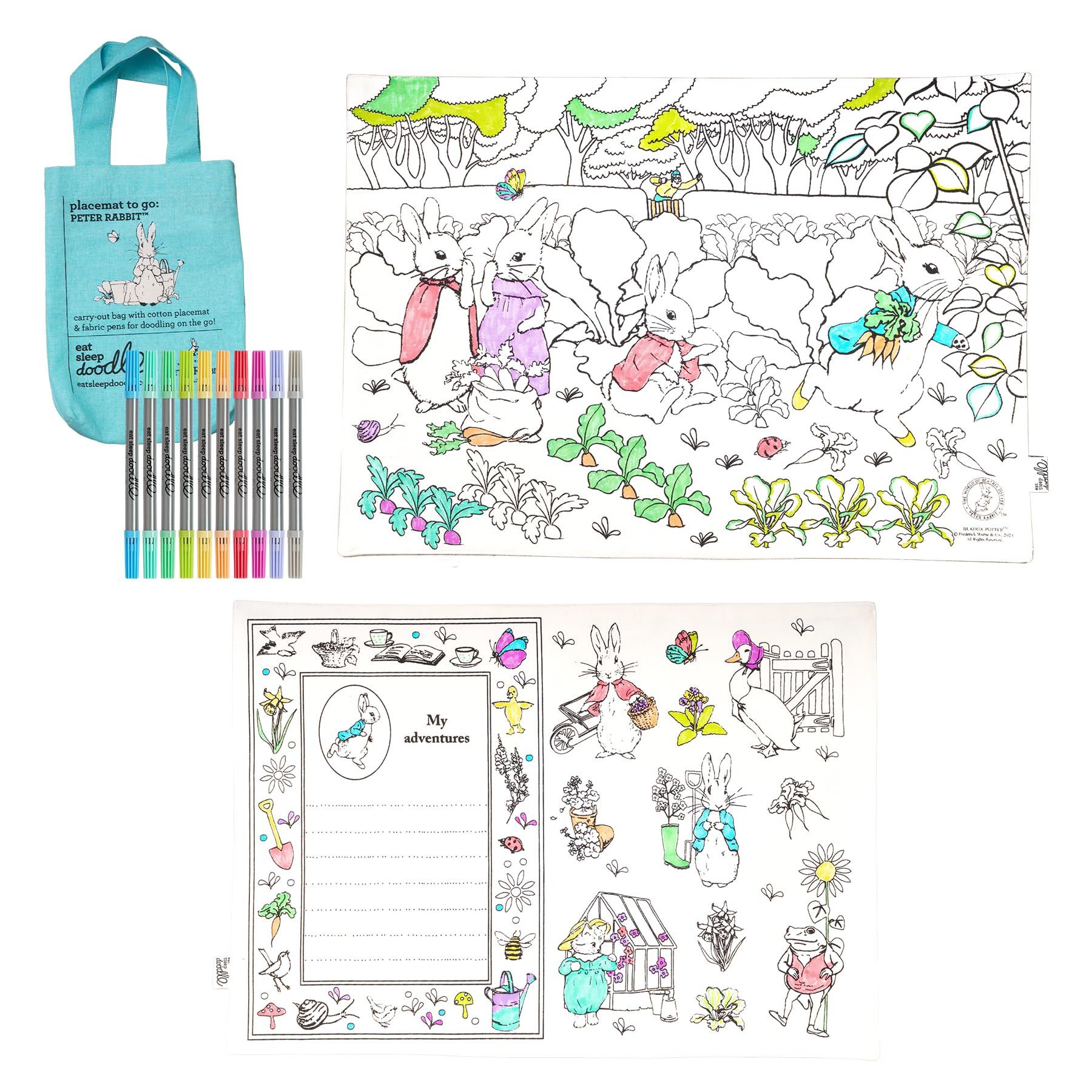 eatsleepdoodle Peter Rabbit and Friends - Tovaglietta da colorare per bambini con 10 pennarelli lavabili, 33 x 47 cm, tovaglietta da colorare Peter Rabbit, ultra lavabile e riutilizzabile