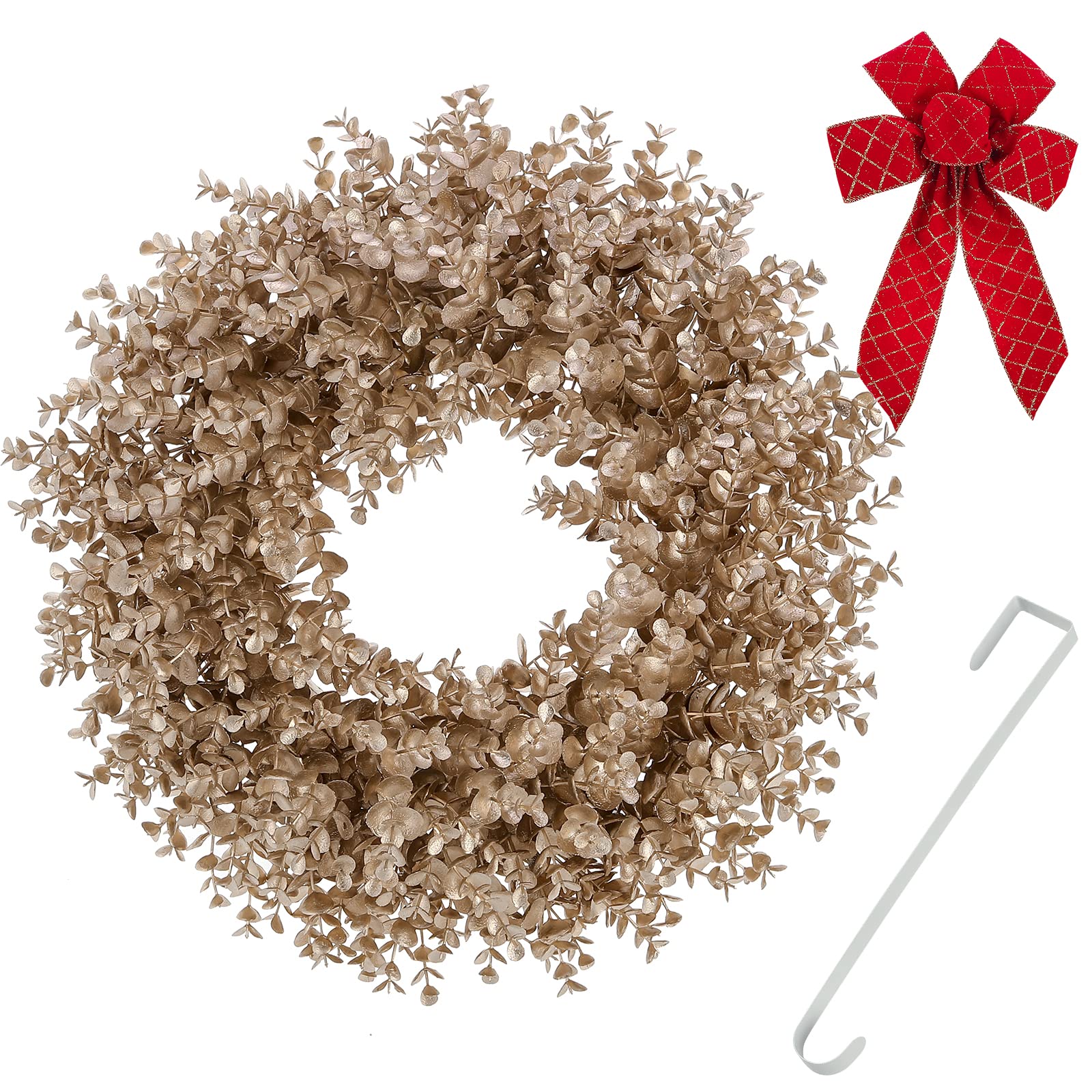 Couronne de Noël en buis de 45,7 cm avec nœuds et suspension de porte, convient pour porte d'entrée, salon, cheminée, fenêtre, ferme et couloir (doré)