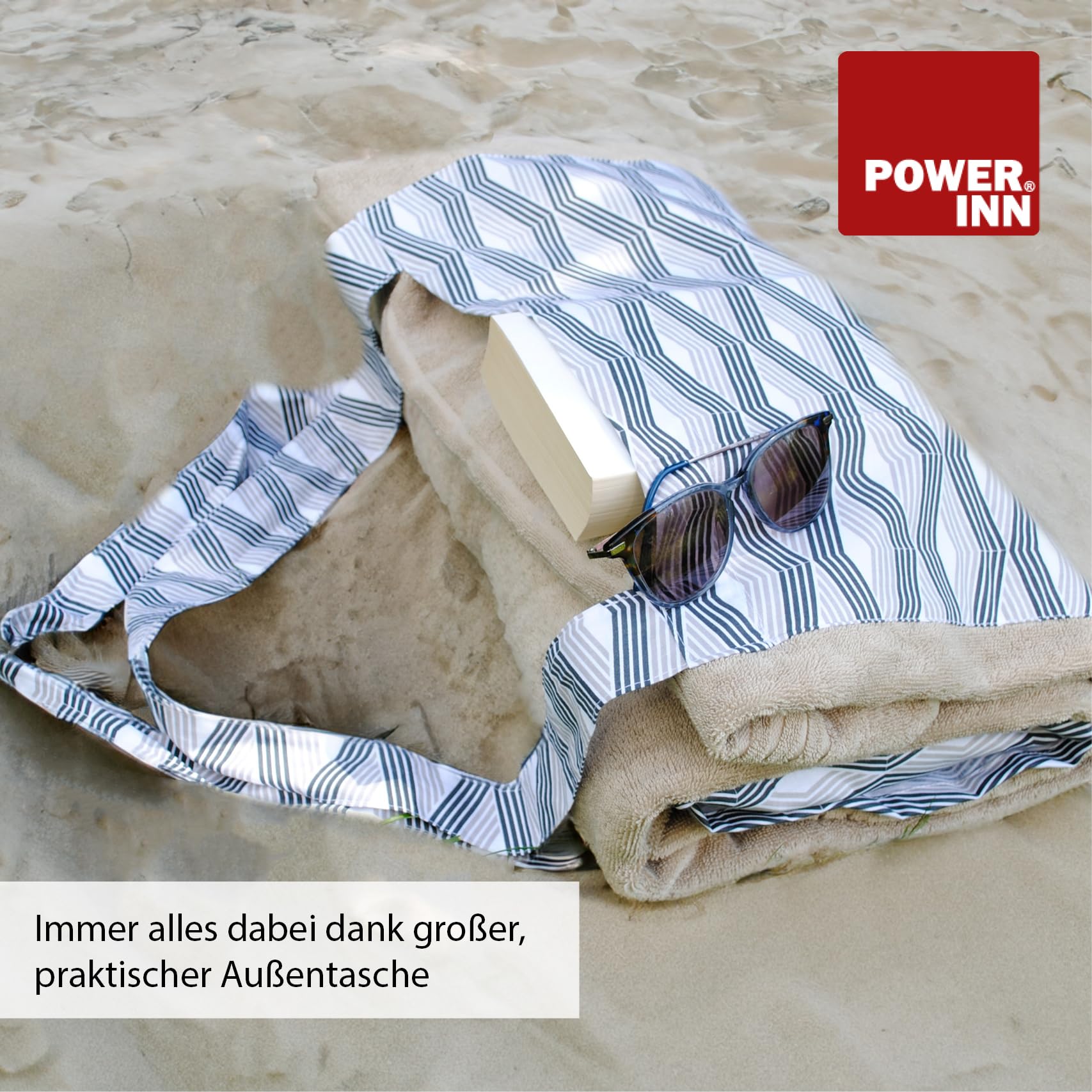 Strandtuchtasche ca. 95x178cm | Liegehandtuch 3in1 mit integriertem Kissen und Tasche | großes Badetuch (Anthrazit mit grau/schwarzem grafischen Muster)