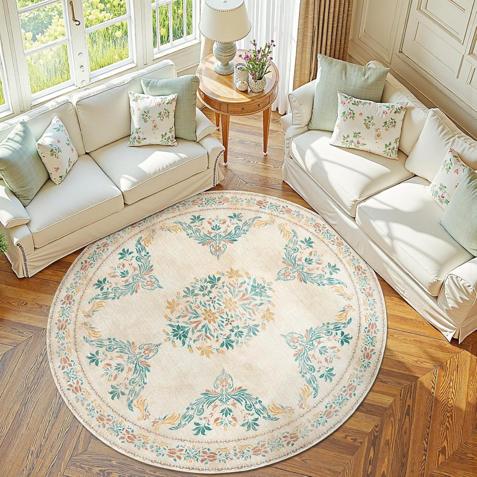 Tapis Rond Salon 200 cm Feuilles Vertes Doux moquette Durable Lavable