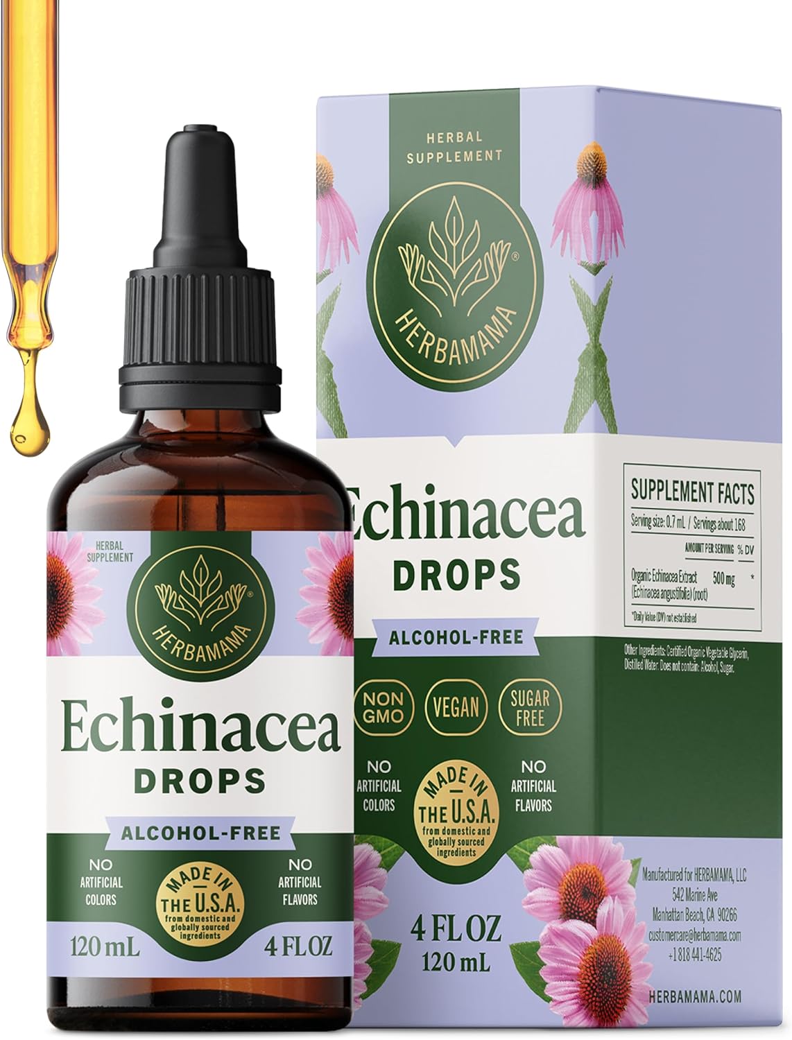 HERBAMAMA Echinacea Tincture - Vegan Immune Support with Echinacea Angustifolia Root Extract Drops - Non-GMO, Alcohol & Sugar-Free Liquid Supplement, 56-Day Supply