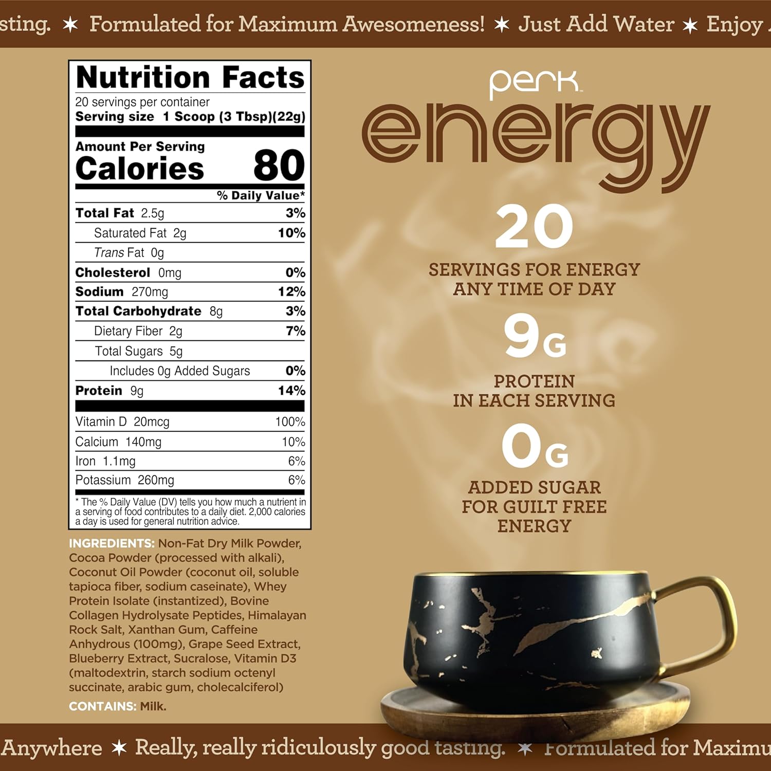 Perk Energy Drink Mix (Dutch Hot Cocoa) 20 Servings - Caffeinated Healthy Coffee Alternative with Protein, 100mg of Caffeine, Gluten-Free, Soy-Free, Peanut-Free