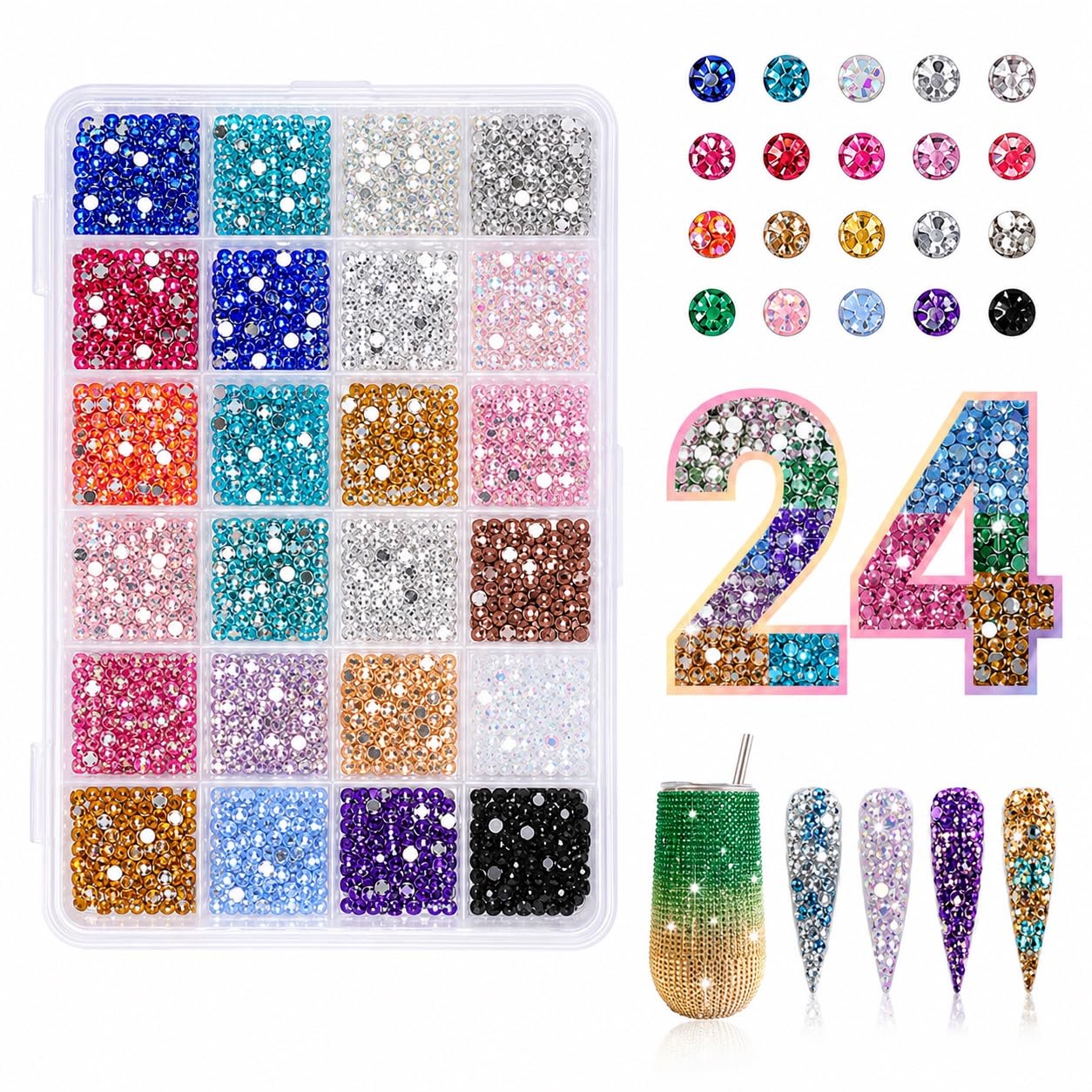 24 Colours Nail Art Rhinestones 3500Pcs 3-4mm Resin Bedazzling Kit Flat Back Round Nail Gems Non Hotfix Bridal Crystal Nail Art Rhinestone for DIY Cosplay Face Cup Clothes Shoes Summer Holiday