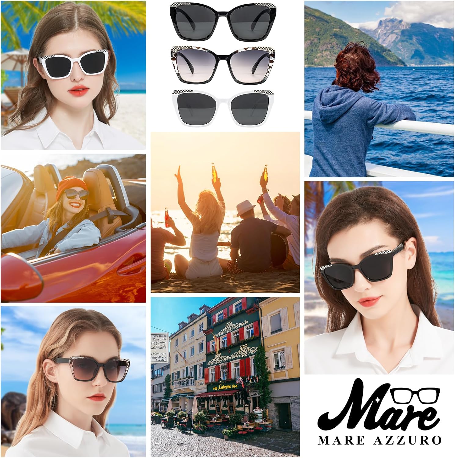 MARE AZZURO Sunglasses for Women 3 Pack Fashion Trendy Sun Glasses Classic Retro Vintage Oversized Shades UV400 Protection