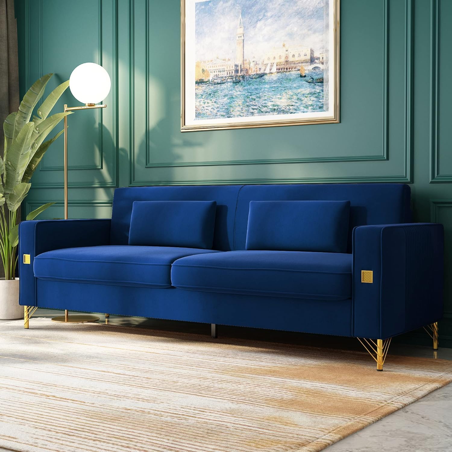 85" Velvet Sofa,Mid-Century Modern Chesterfield 3 Seat Comfy Couch with Pillows Set of 2 for Living Room,Bedroom,Apartment Furniture with Gold Metal Legs (P18-Blue)