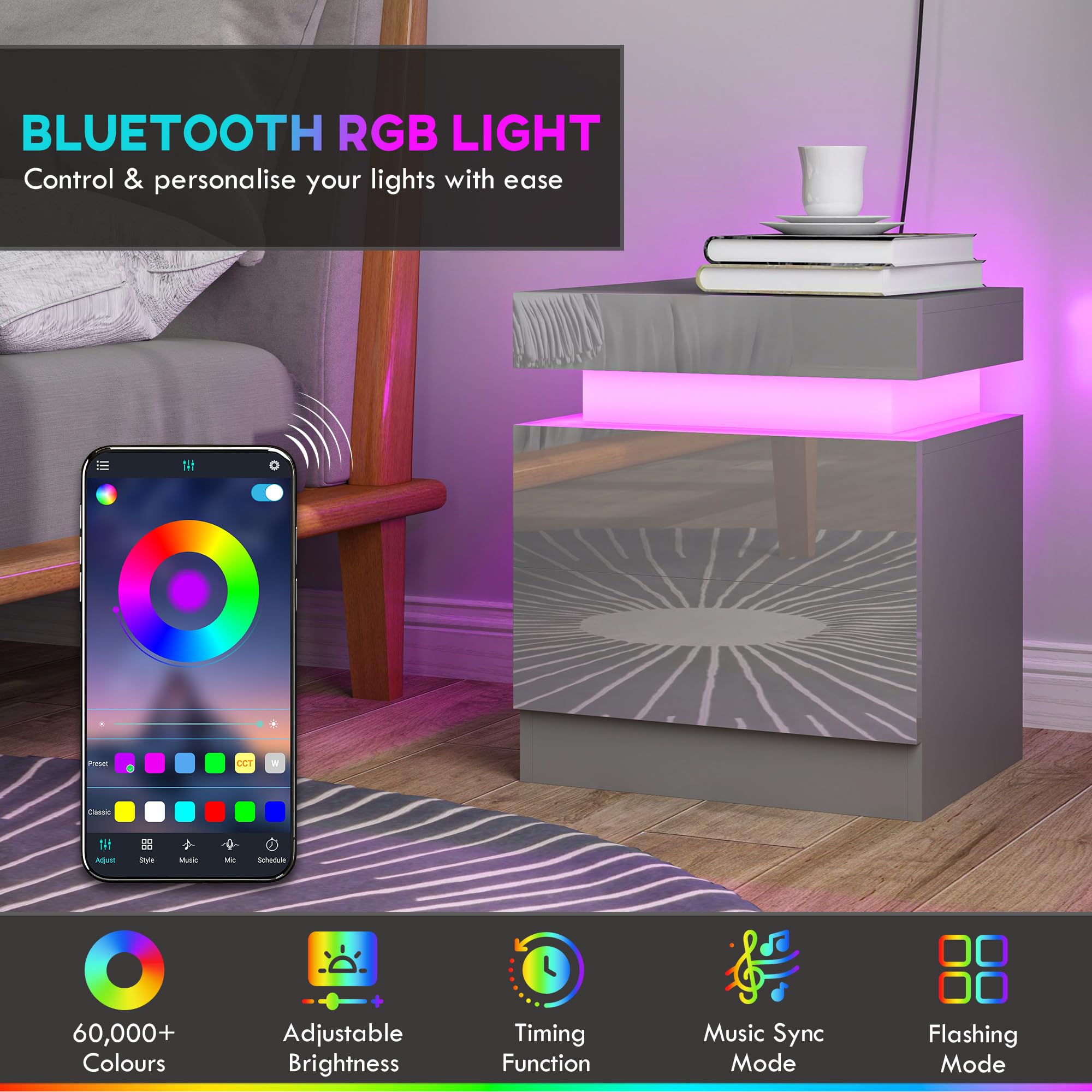 HOMCOM Stolik nocny z przodu o wysokim połysku, stolik nocny ze światłem LED RGB i 2 szufladami, komoda do sypialni, salonu, szara