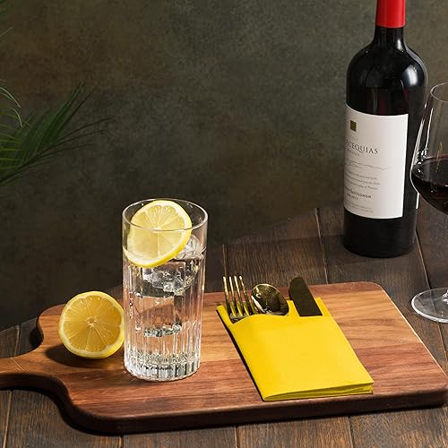 Miniatura 8 de Paquete de 50 servilletas desechables de lino con bolsillo integrado para cubiertos, color amarillo, como servilletas de papel para cenas, bodas o