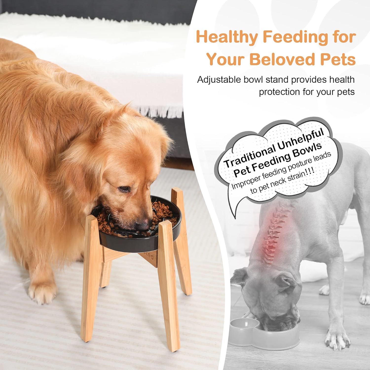 Sted Elevated Dog Bowl Stand - 100% Bamboo, Adjustable Width 7.5-11 Inches, 13" Tall, Single Raised Dog Food and Water Bowl Stand