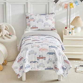 JHXHMX Gray Car Duvet Cover Set for Toddler Boys, Soft Cot Bed Bedding Set with Pillowcase, Kids Duvet Cover and Pillowcase Set,120x150 cm