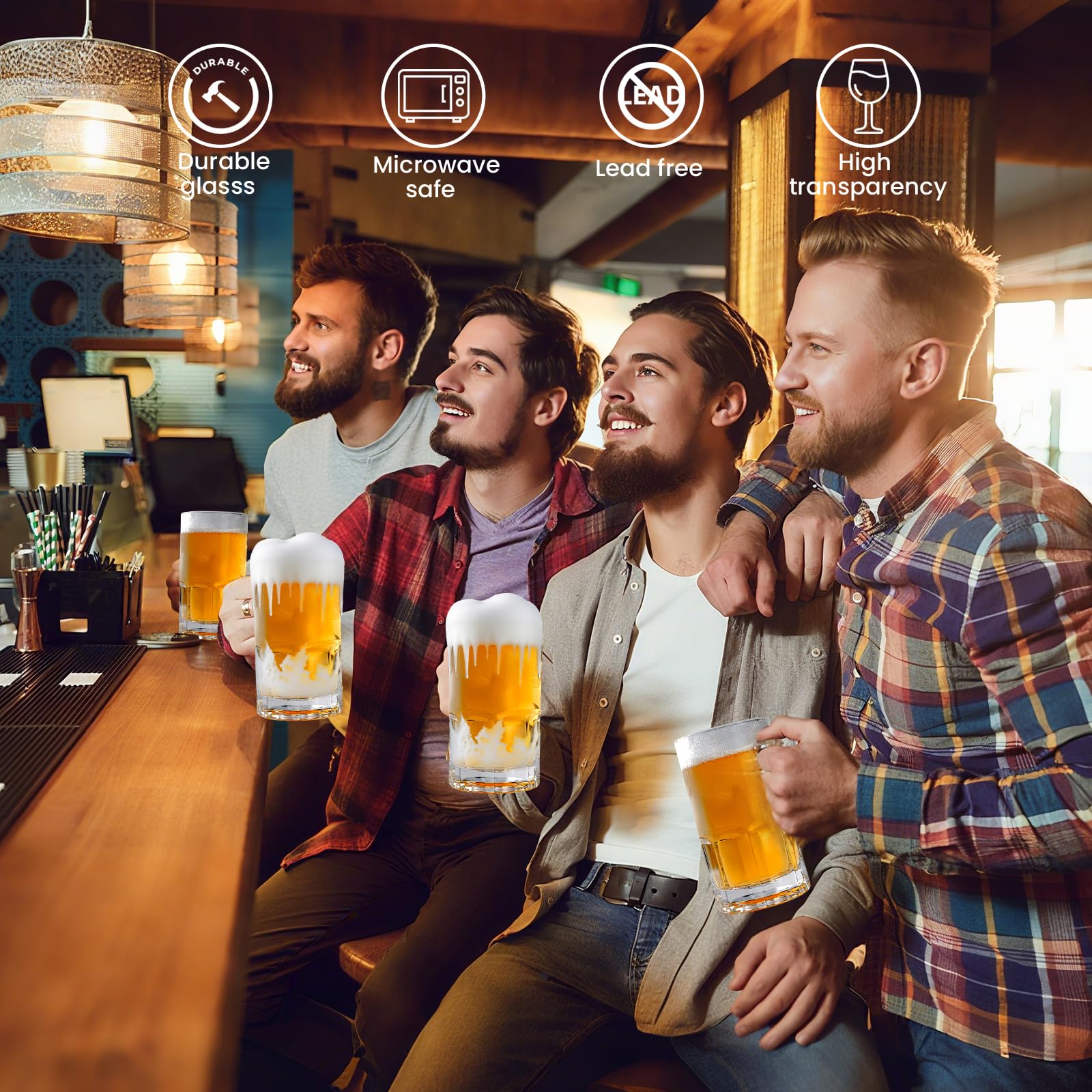 Großer Bierkrug aus Glas, mit Henkel, 2 Stück