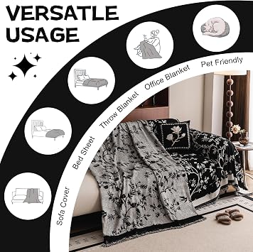 HANDONTIME Couch Cover for Dogs Washable Bird Floral Pattern Slipcovers for Couches and Sofas Black Sofa Covers with White Jacquard Flower Chenille Couch Cover Blanket Pet Friendly, 71 X 118