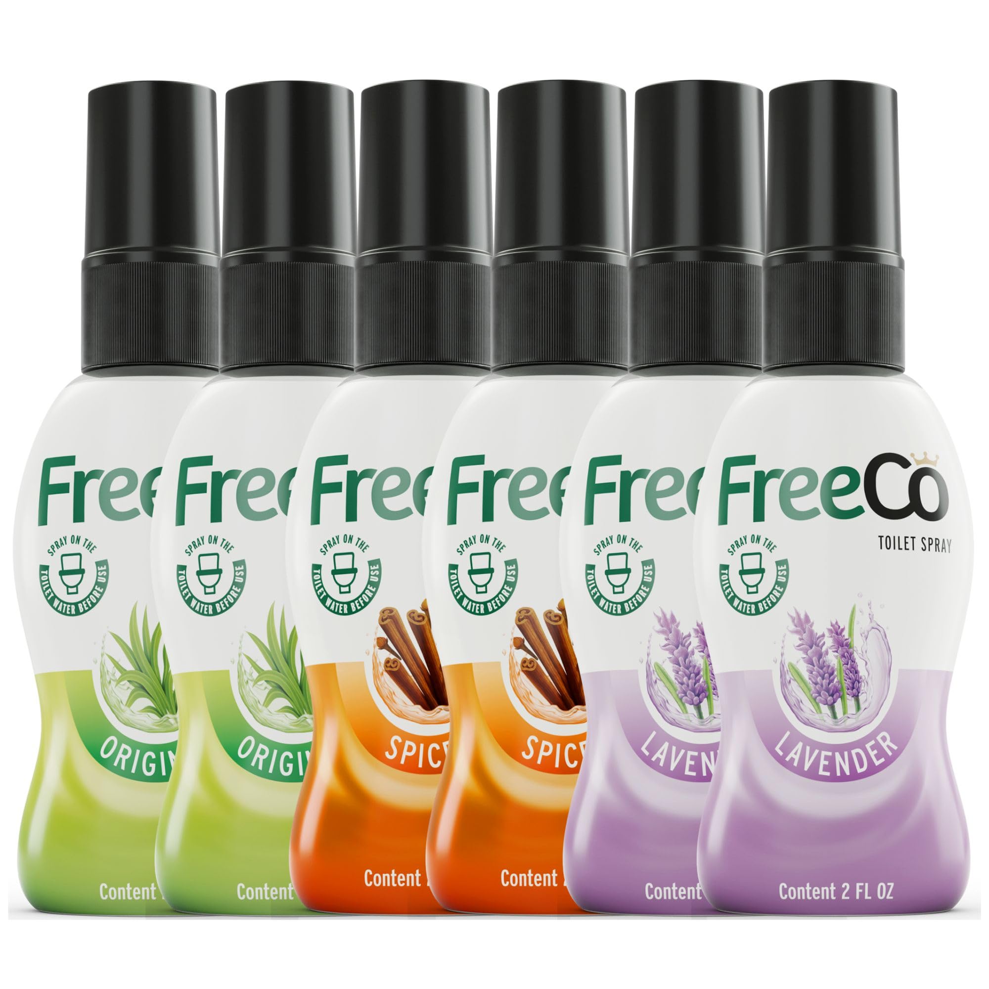 Freeco Before-you-go Toilet Spray | Stops Odor Before it Starts with Essential Oils | Ideal for Home, Office, Public Spaces & Travel | Variety 6-Pack 6x60ml: 2 Citrus, 2 Lavender, 2 Spice Scent