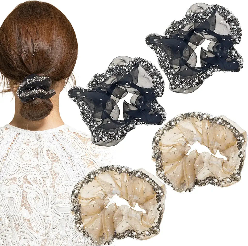 4 peças elásticos elásticos de cabelo de malha de strass, elástico para penteados de coque, suportes de rabo de cavalo, laços elásticos elásticos de borracha, acessórios de cabelo para festas, uso