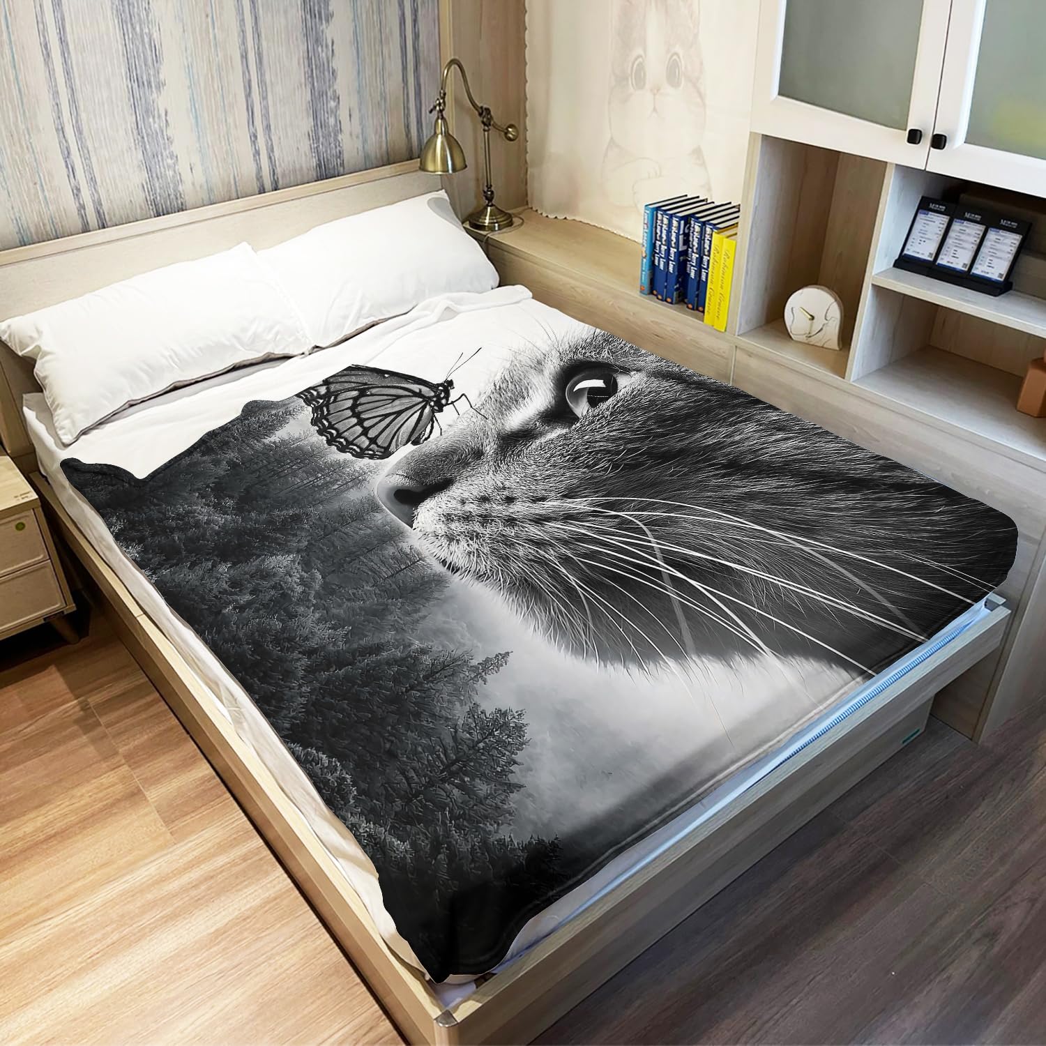 YISUMEI Koc 150 x 200 cm puszysty koc miękki flanelowy koc polarowy motyl kot