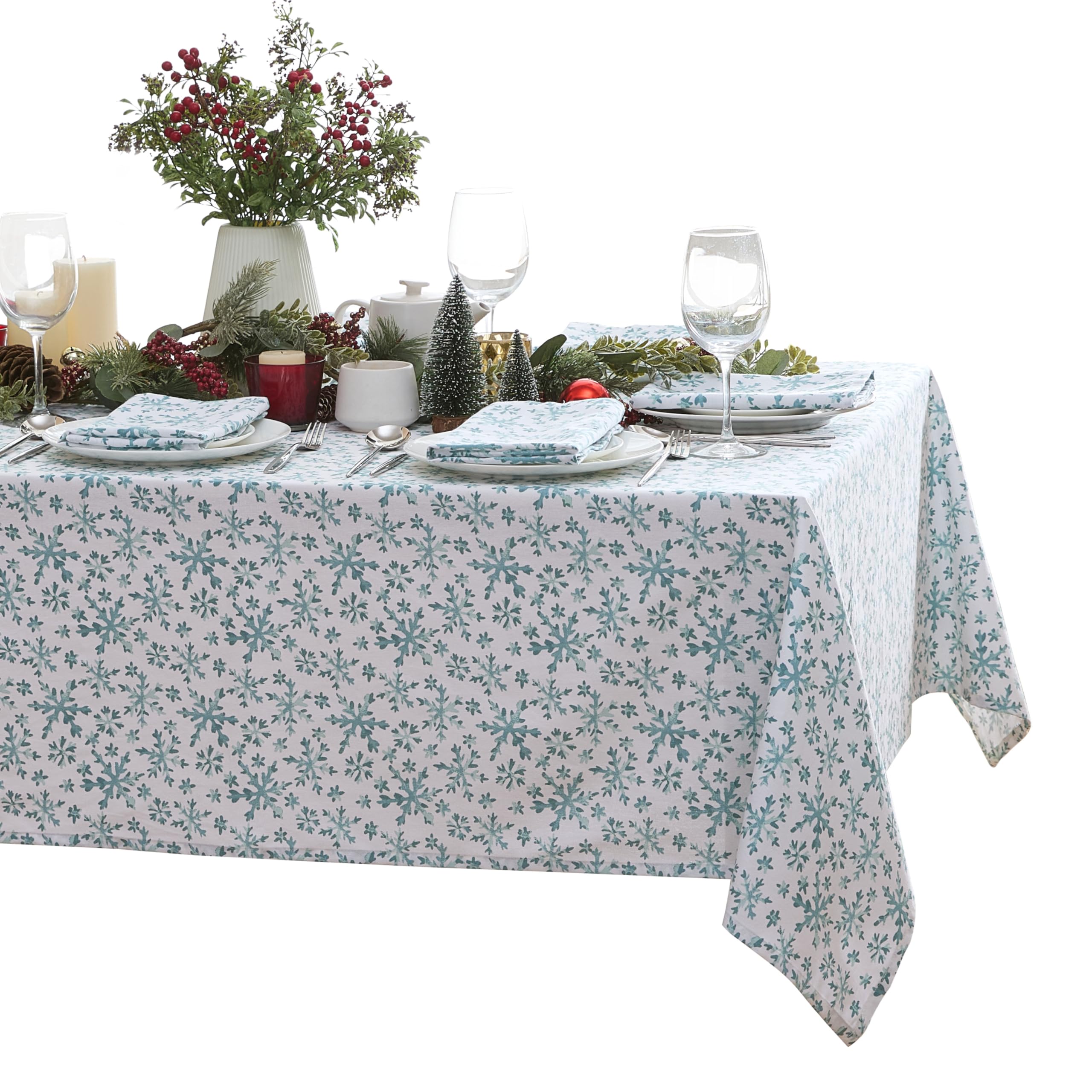 Lintex Mantel de tela de algodón con copos de nieve azul congelado, azul y blanco, mantel de algodón de fácil cuidado, 152 x 213 cm, oblongo/rectangular