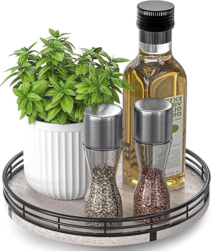 Miniatura 35 de Tabla giratoria redonda de roble de 9 pulgadas para organización en gabinetes, estilo rústico, para almacenamiento en mesa del comedor, despensa,