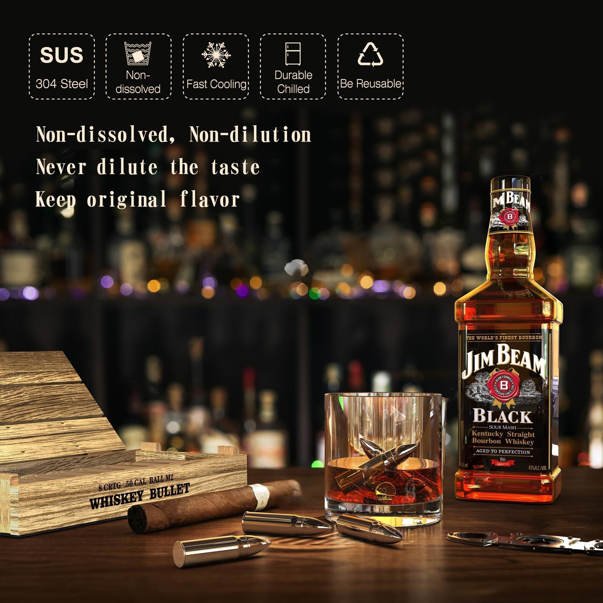 Regalos para el Día del Padre – 8 piedras de whisky de bala – para él o marido, elefante blanco para adultos – Juego de cubitos de hielo de acero de metal reutilizable para aniversario divertido