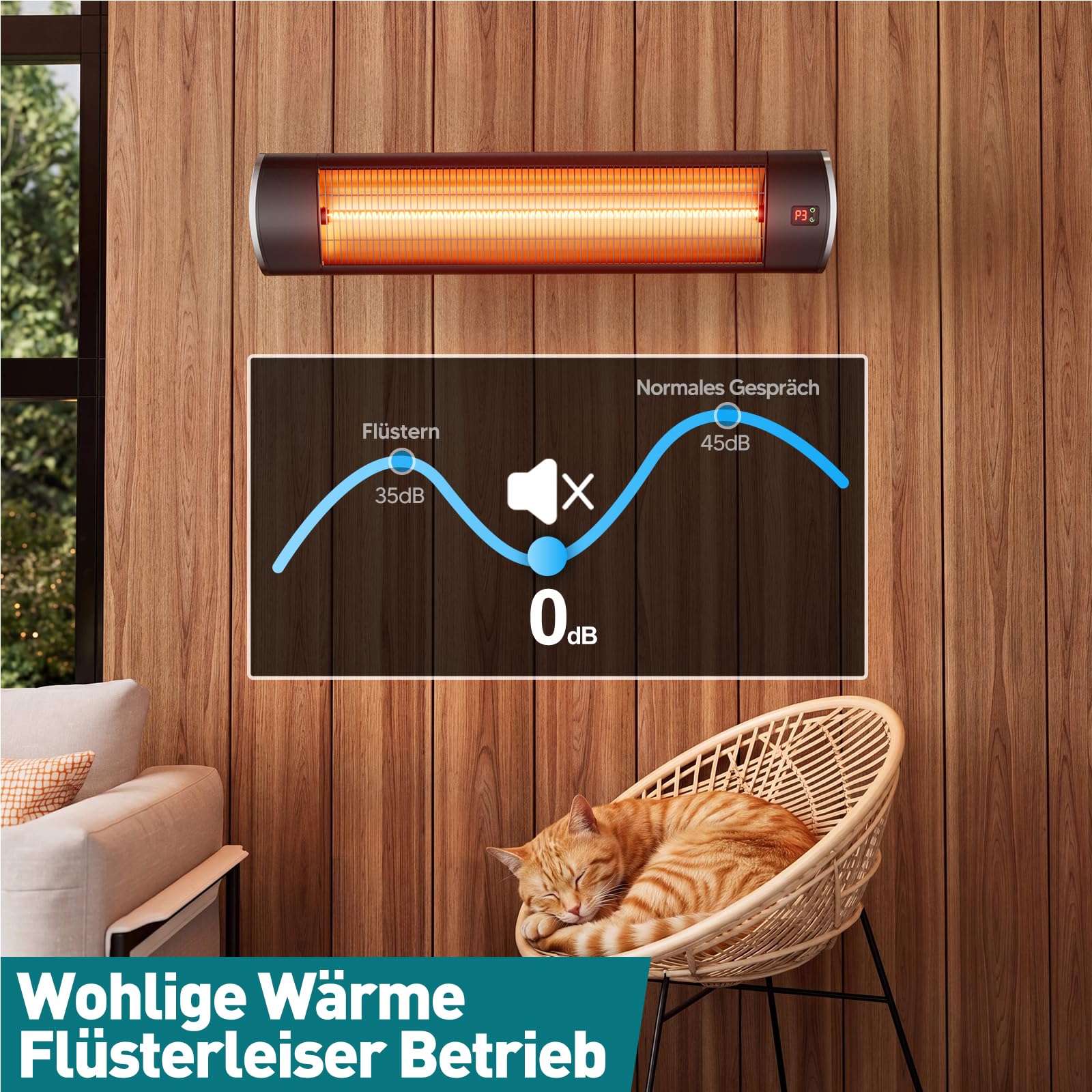 2500W Heizstrahler Terrasse, Infrarot-Heizstrahler mit Fernbedienung, IP65 Wasserdicht, für Garten, Restaurant, Garage und Pavillon, Schwarz