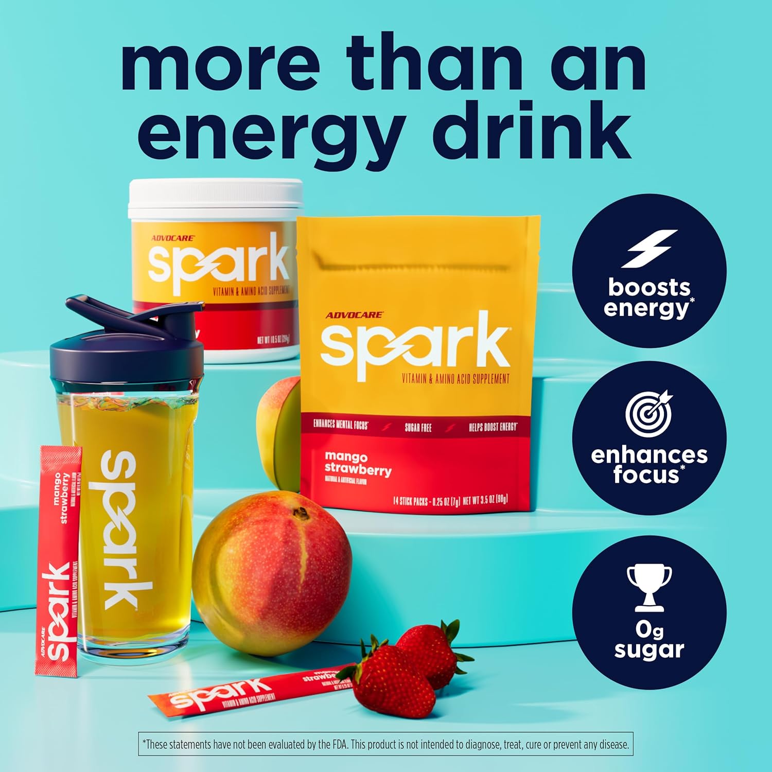 AdvoCare Spark - Energy Drink Mix - Vitamin & Amino Acid Supplement - Supports Energy & Focus - Portable Immune Support - Sugar-Free - Mango Strawberry (10.5 oz)