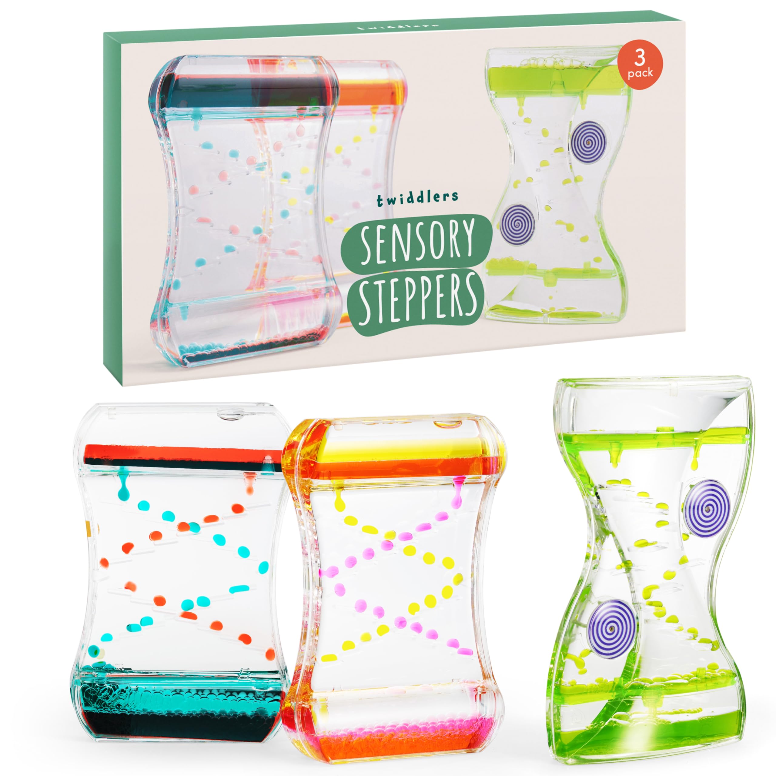 The Twiddlers Stepping - 3 Liquid Motion Timers Hourglasses - 14Cm, Designs - Calming Kids Sensory Toys For Stress Relief, Visual Bubble Lava Fidget Toys For Birthday, Autism, Relaxation