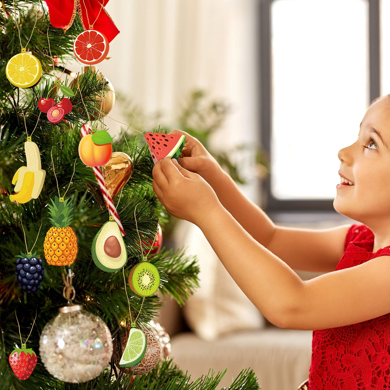 Décorations en bois à suspendre pour sapin de Noël - Ornements en bois pour fruits et légumes - Décoration en tranches pour arbre de Noël, couronne de cheminée (style fruits, 24 pièces)