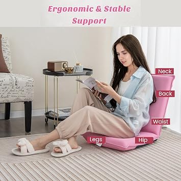 Multigot Folding Floor Chair, Portable Padded Lounge Chair with 6 Adjustable Positions, Lazy Sofa Sleeper Recliner for Reading, Gaming, Meditation (Pink)