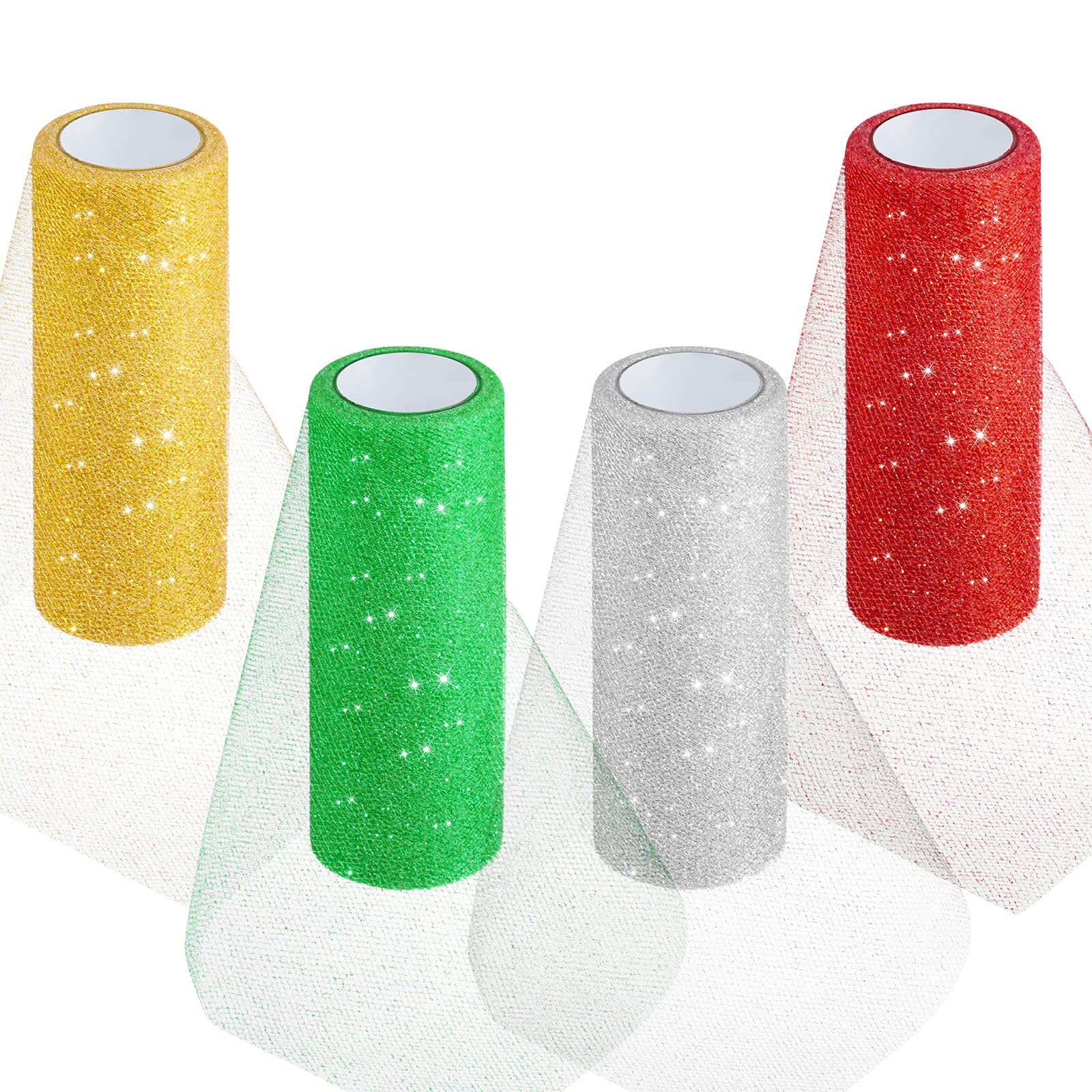4 Rolls Christmas Tulle Rolls 6 Inch x 40 Yards Xmas Sequin Tulle Ribbon Shiny Netting Fabric Tulle Spool for Party Xmas Wedding Birthday Decoration Wrapping DIY Craft, Gold Silver Red Green