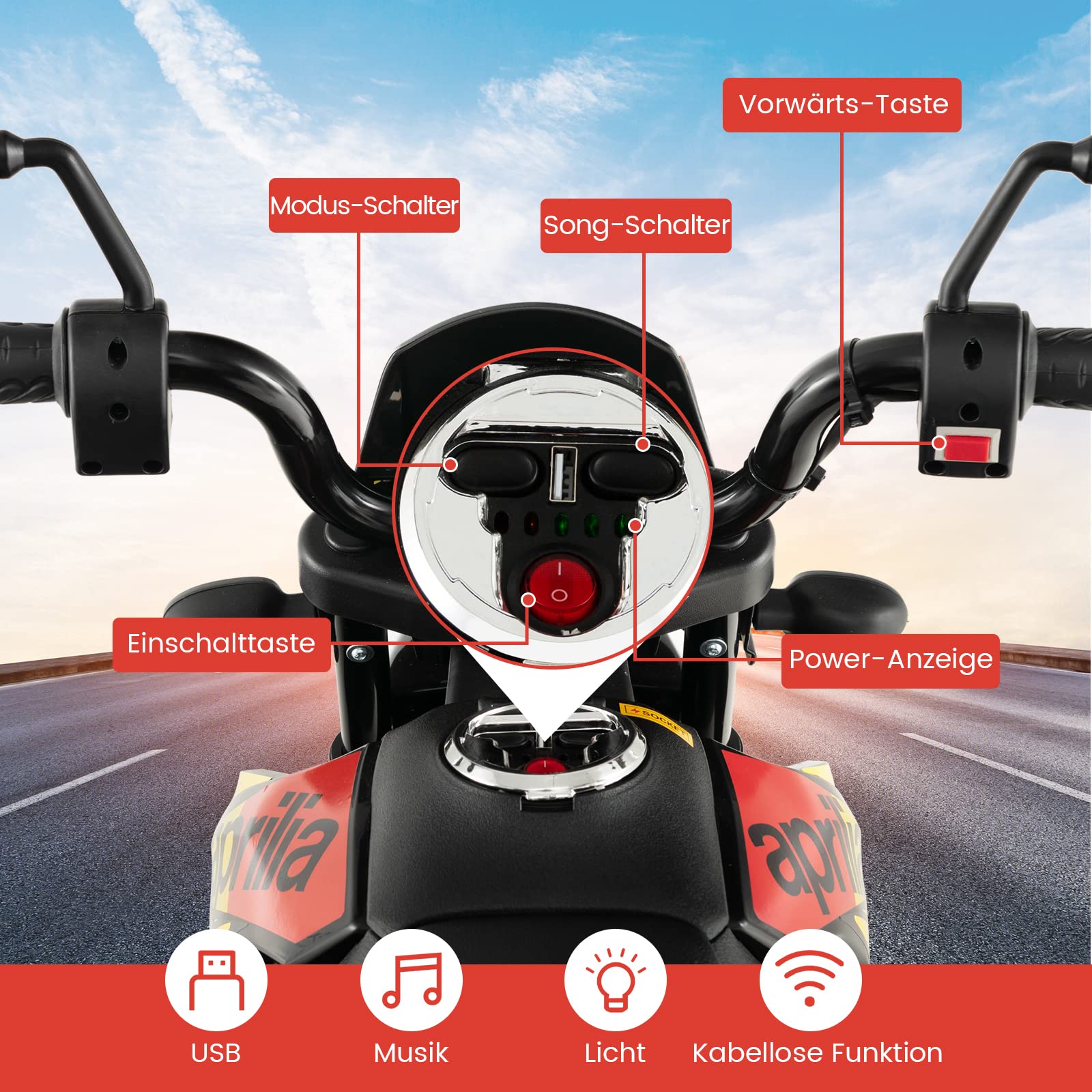 COSTWAY Aprilia Elektro Motorrad Kinder, 12V Kindermotorrad mit Stützrädern & Musik & Scheinwerfer, 5,5-6 km/h, geeignet für Kinder von 3 bis 8 Jahren (Schwarz)