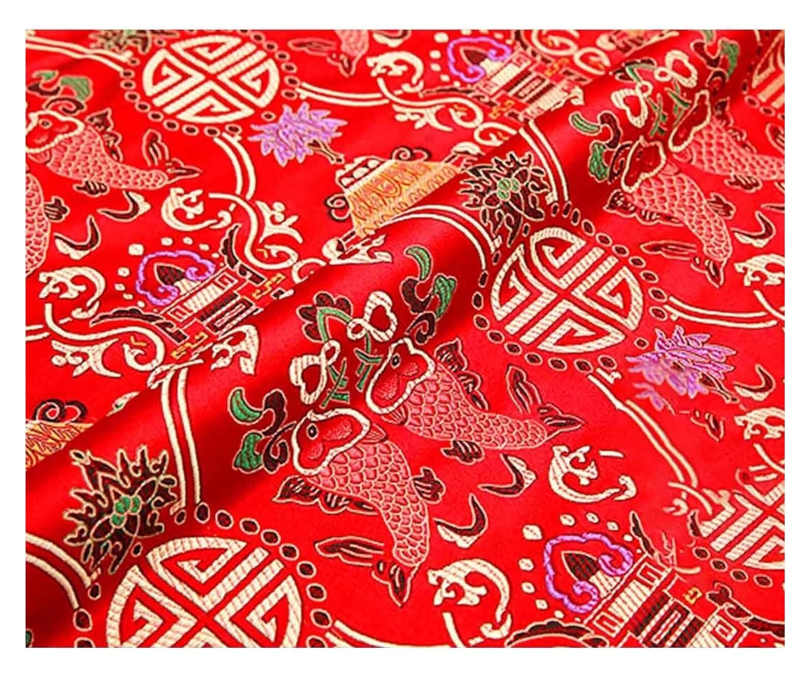 Tissu chinois rouge de style festif au double motif de poisson pour brocart