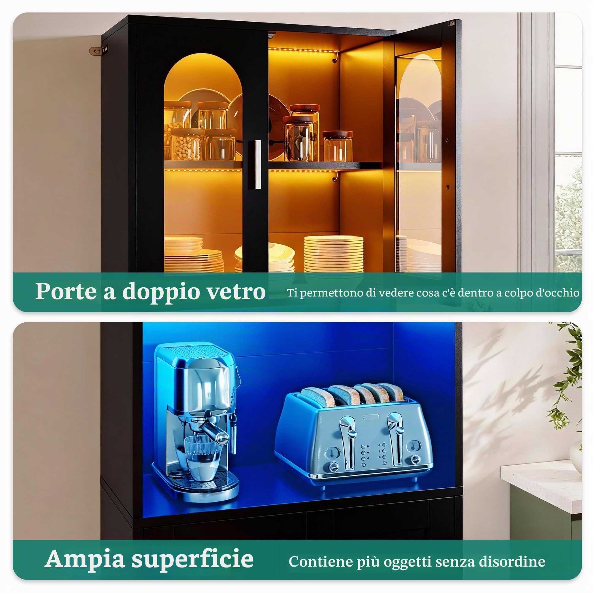 YITAHOME Libreria alta Scaffale in legno con ante, Libreria moderna con area espositiva, Mobile contenitore con illuminazione per casa, ufficio, soggiorno, Nero