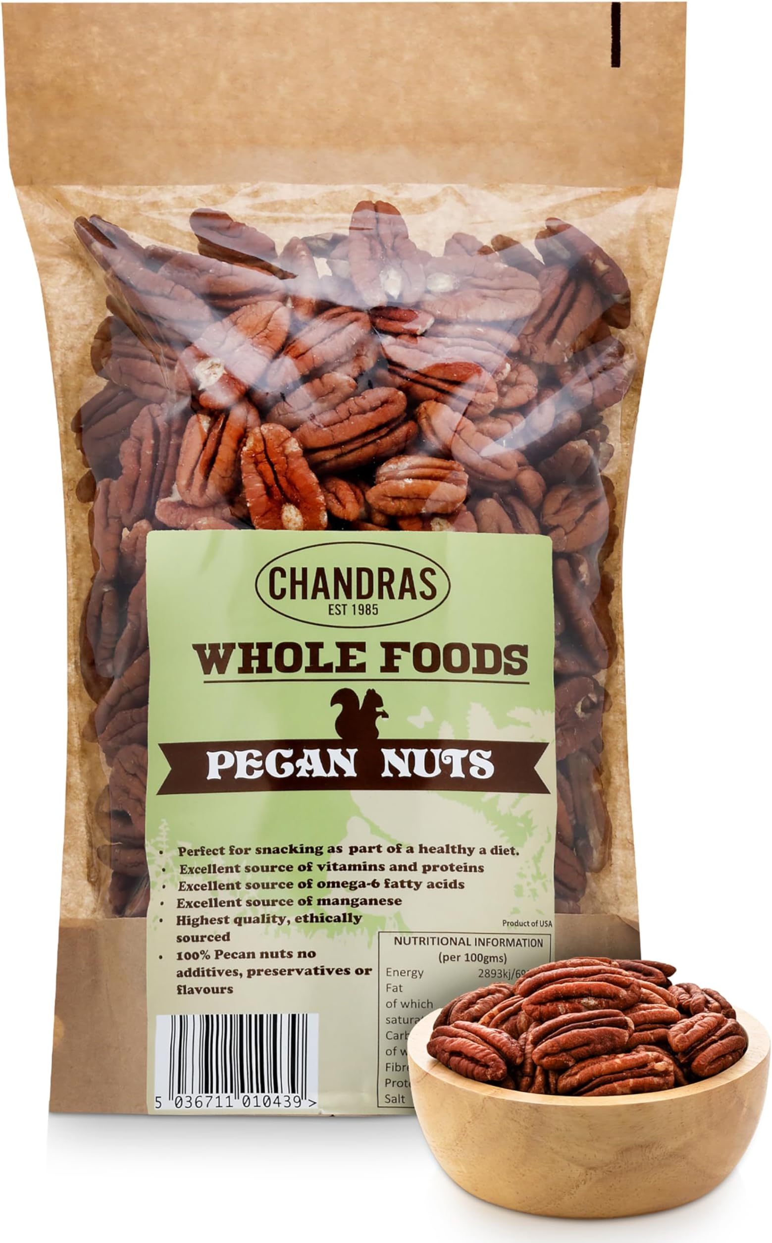 Chandra Whole Foods – Pecan Nuts 1KG - Low-GI Pecan Nut for Snacking, Smoothies, Baking & Cooking - Gluten-Free Keto Pecan Nuts, Rich in Protein & Vitamins & Antioxidants