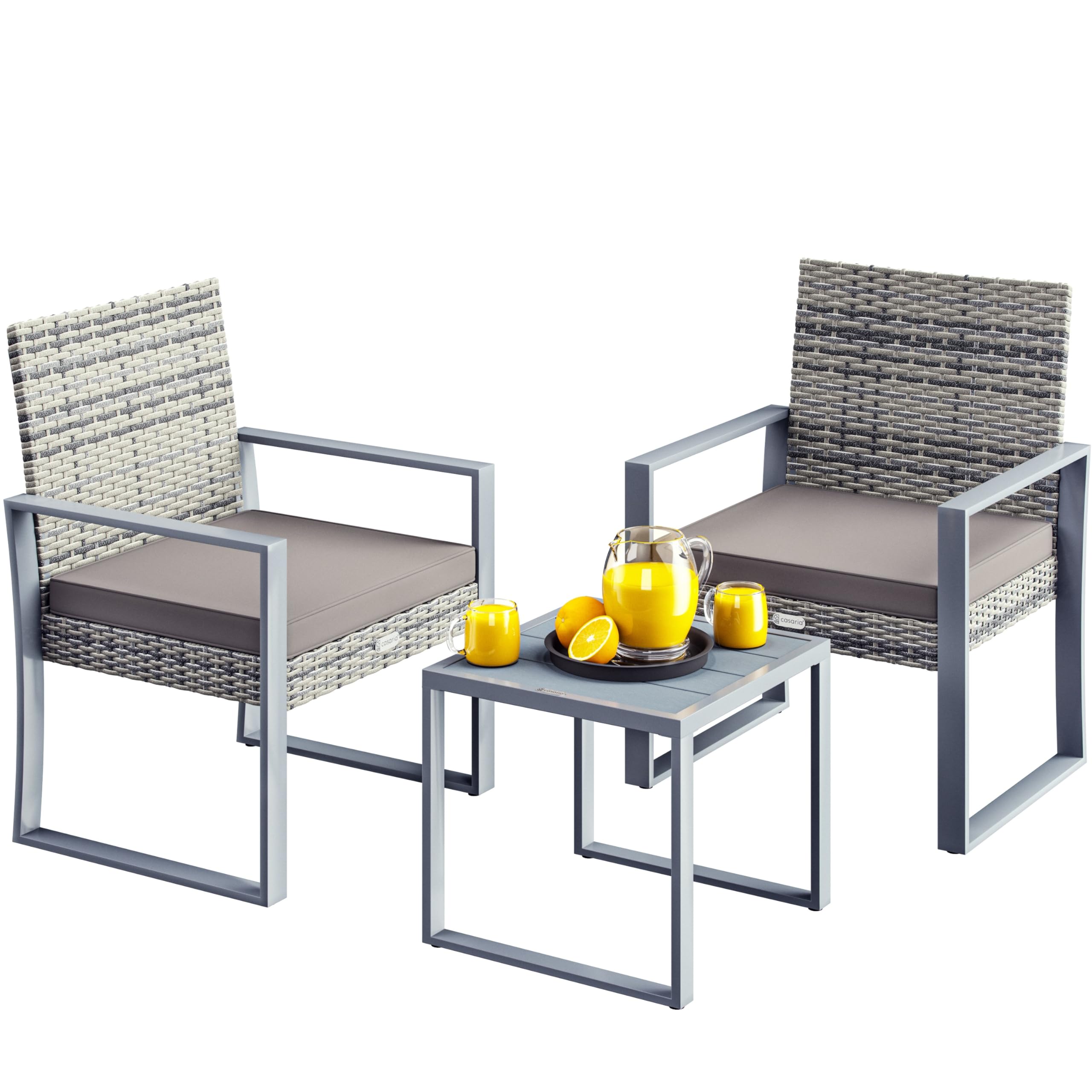 CASARIA® Conjunto Jardín Exterior para 2 Personas Set Mesa Sillas Poliratán Tablero WPC Mobiliario 3 Piezas Bistró Muebles Resistente a la Intemperie Balcón Patio Terraza Incl. Cojines Lavables Gris