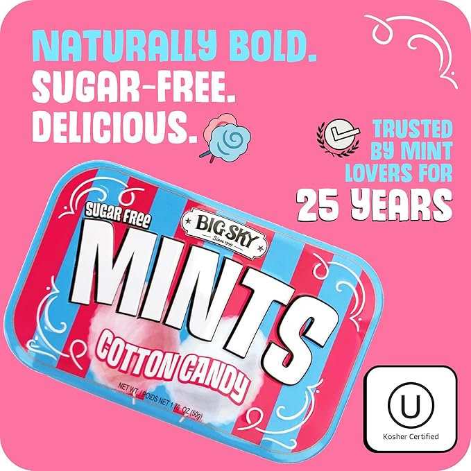 Mentas Big Sky Sin Azúcar Sabor Algodón de Azúcar - Lata de 50 Unidades (Paquete de 6) miniatura 6