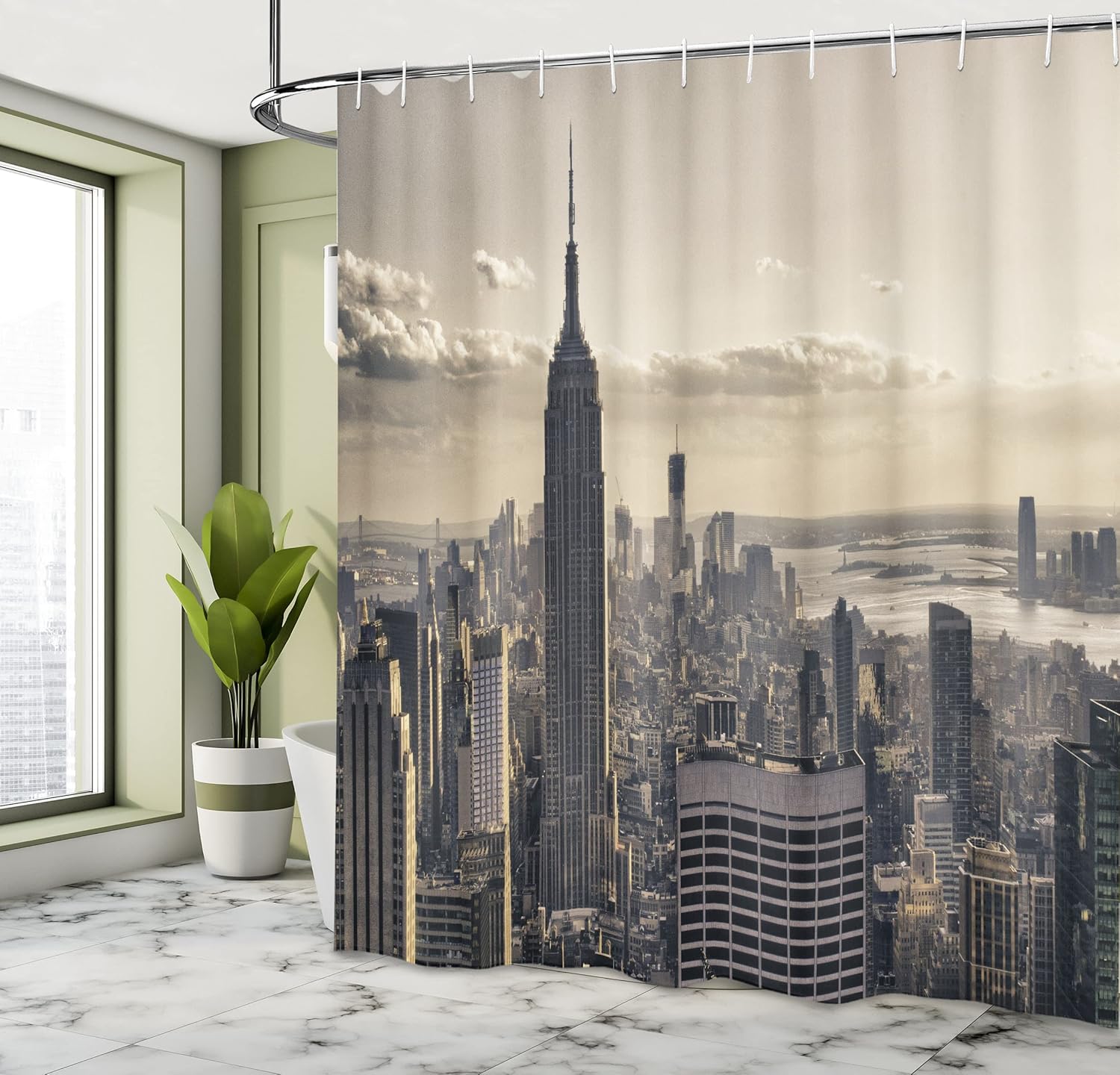 Ambesonne New York Shower Curtain, Aerial View of NYC in Winter American Architecture Historical Popular Metropolis, Cloth Fabric Bathroom Decor Set with Hooks, 69" W x 70" L, Beige Grey
