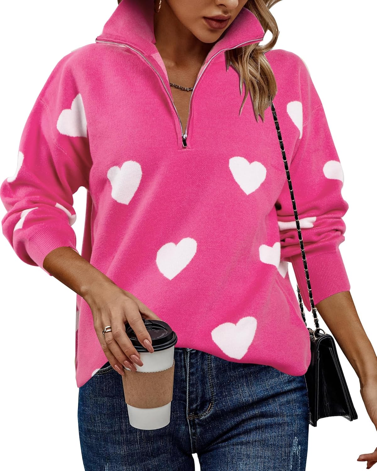 Heart Sweater for Women V Neck Valentines Sweatshirt Quarter Zip Pullover Ribbed Knitted Sweaters Loose Slouchy Tops
