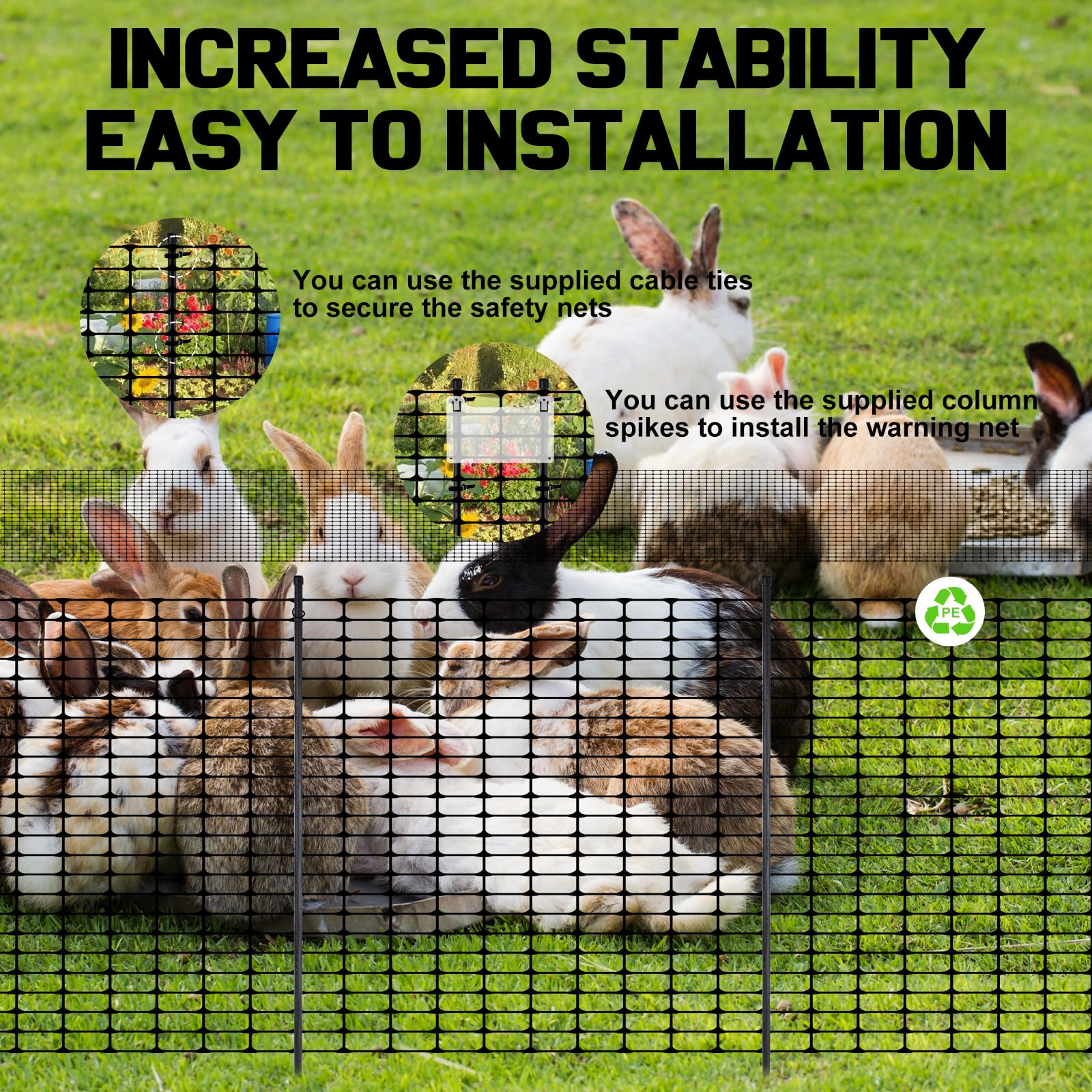 Begrenzungszaun 1m x 30m Mobiler Zaun Komplett-Set mit 25 Pfählen (115 cm) & 100 Kabelbindern – Universal Hundezaun, Hühnerzaun, Weidezaun, Gartennetz für Garten, Haus, Hof