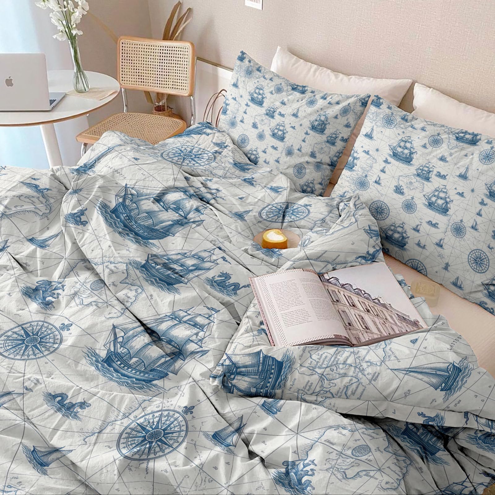 135 x 200 cm mapa żaglówka kompas fala miękka poszewka na kołdrę
