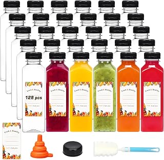 BAKHUK 128pcs 16oz Empty Plastic Juice Bottles with Caps, Reusable Clear Bulk Beverage Containers for Juice, Milk and Other Beverages