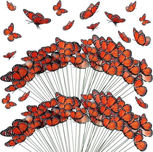 96 decoraciones de mariposa monarca incluyen 48 estacas de mariposa, 24 pinzas para el pelo de mariposa y 24 calcomanías de pared de mariposa para