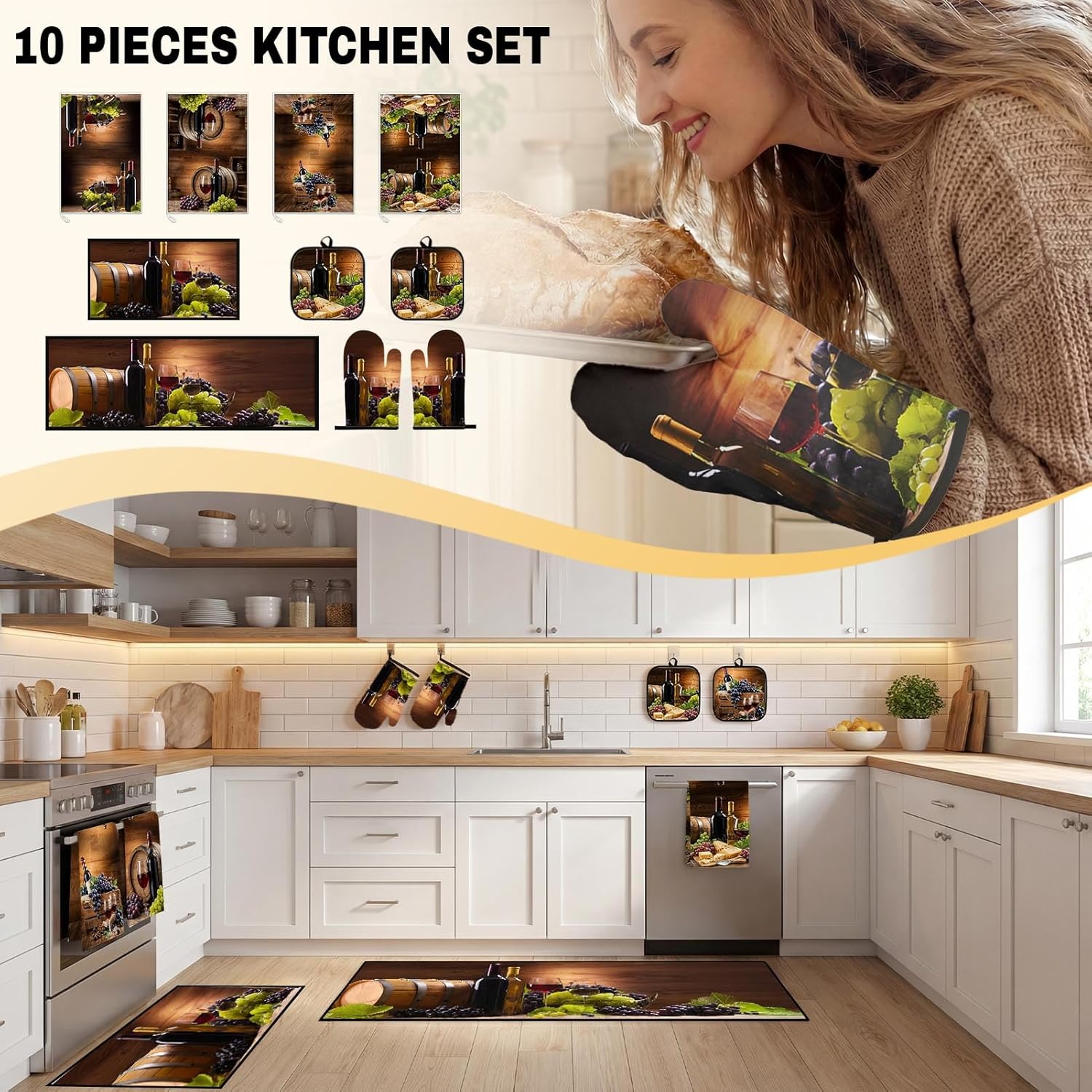 10 Pcs Red Wine Kitchen Decor and Accessories Set, 4 Dish Towels Kitchen Rugs 2 Oven Mitts 2 Pot Holders, Home Decor for Cooking Baking BBQ Gifts Women Mom Housewarming - Image 3