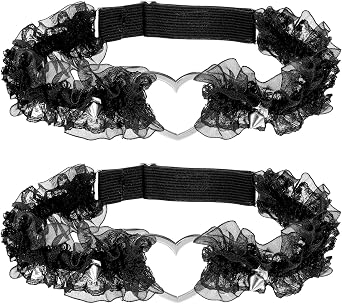 2 Pcs Heart Garter, Adjustable Elastic Thigh Garters Lace Heart Leg Garter Belt For Women, Black 16cm Diameter