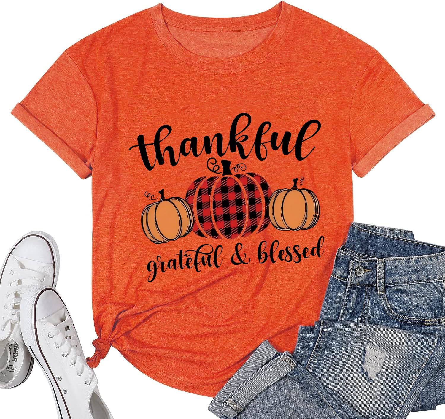 Calvin&SallyThankful Grateful Blessed Happy Thanksgiving Day Shirt Womens Fall Pumpkin Funny Cute Gobble Turkey Letter Print Graphic Tee