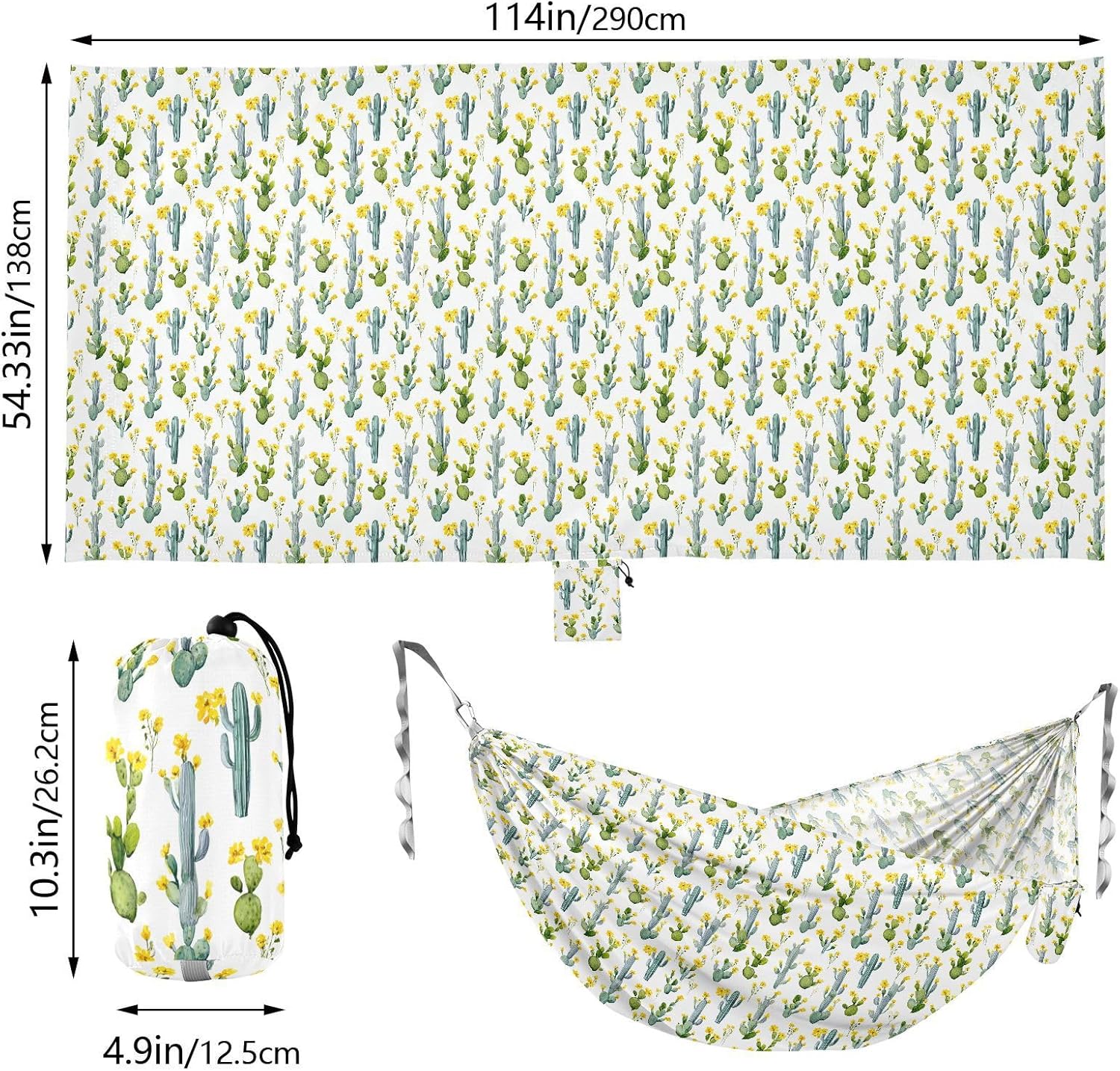 ALAZA Watercolor Cactus Cacti Camping Hammocks Single or 2 Person 500 lbs Portable Parachute Travel Hammock w/Tree Straps for Hiking Backpacking Indoor Outdoor