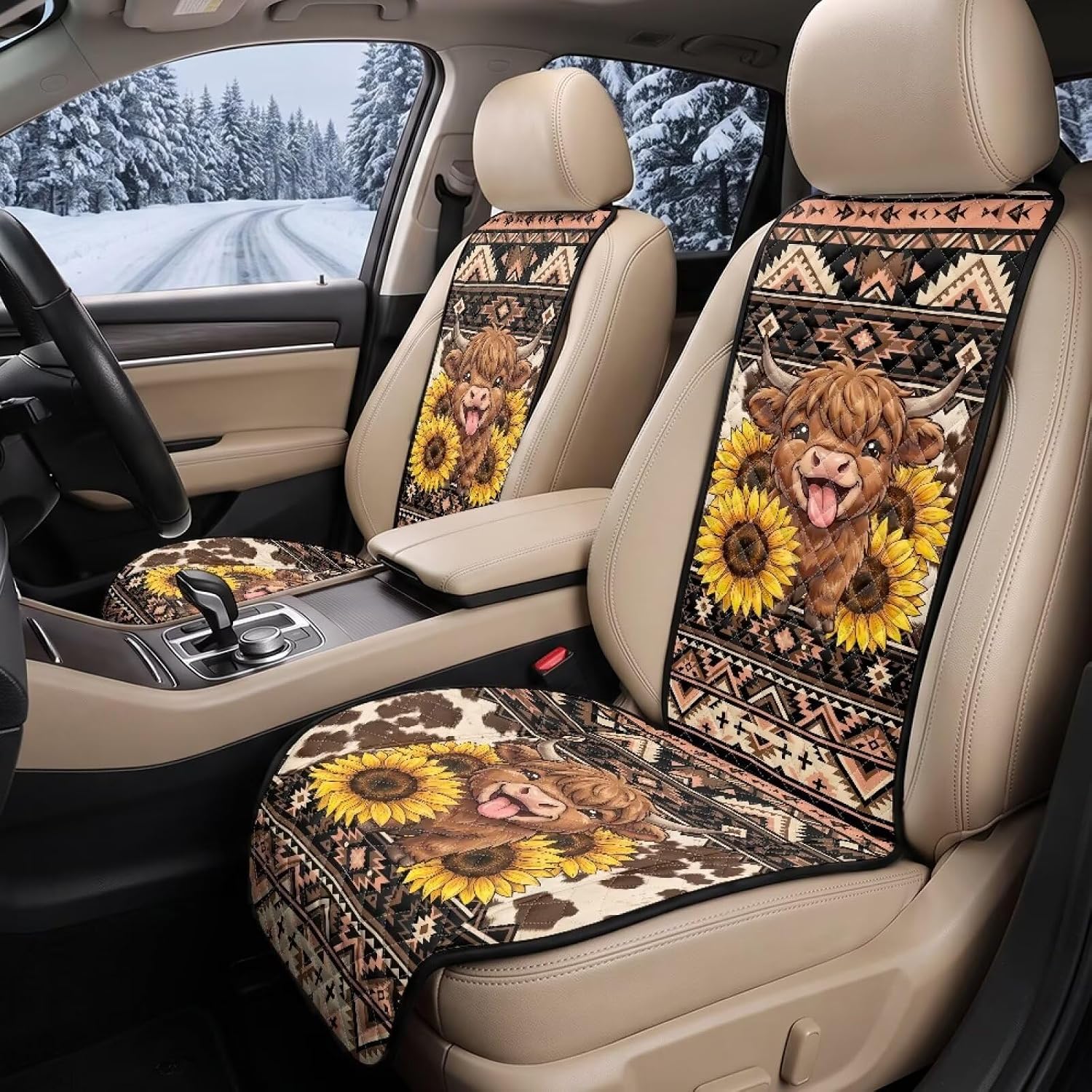 2 Pcs Car Seat Covers Aztec Tribal Sunflower Highland Cow image 2