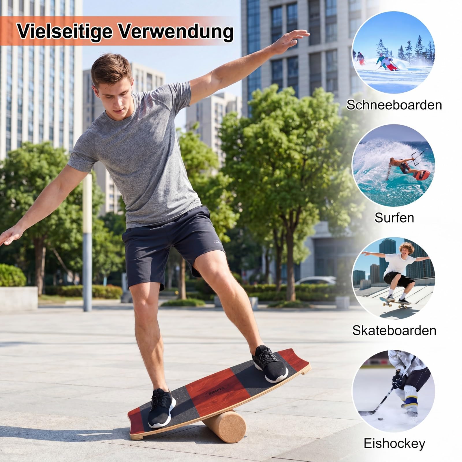 COSTWAY Balance Board aus Birkenholz, 15 mm dickes Wackelbrett + 10 cm Korkrolle, Balance Trainer für Kinder & Erwachsene, Surfboard indoor, Gleichgewichtstrainer für Zuhause, Outdoor