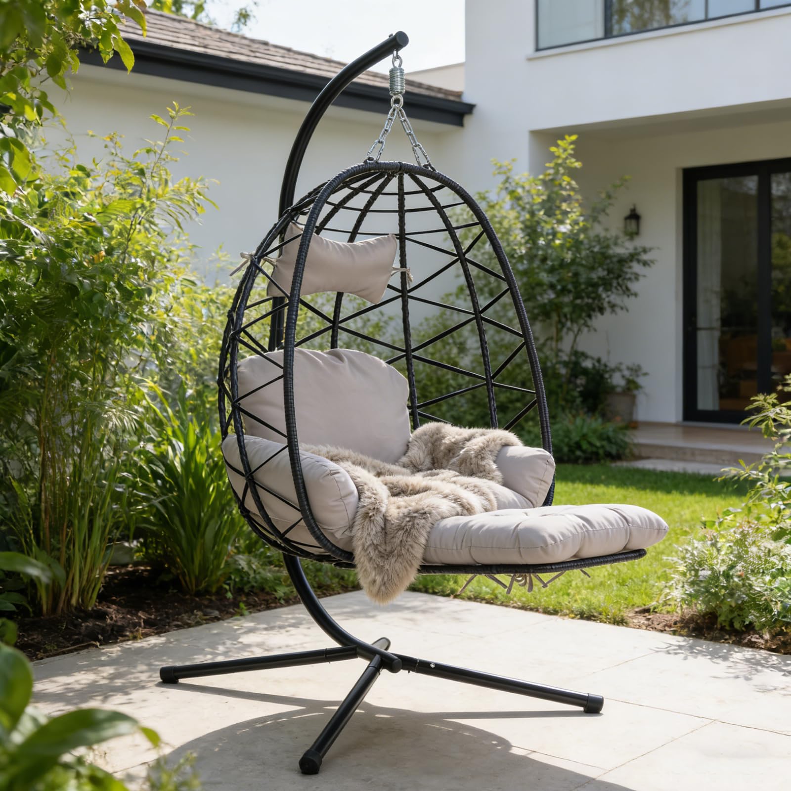 Silla colgante de huevo con soporte y reposapiernas, silla oscilante de mimbre de ratán con cojín, silla colgante de cesta de patio, silla hamaca de mimbre para interiores y exteriores, dormitorio