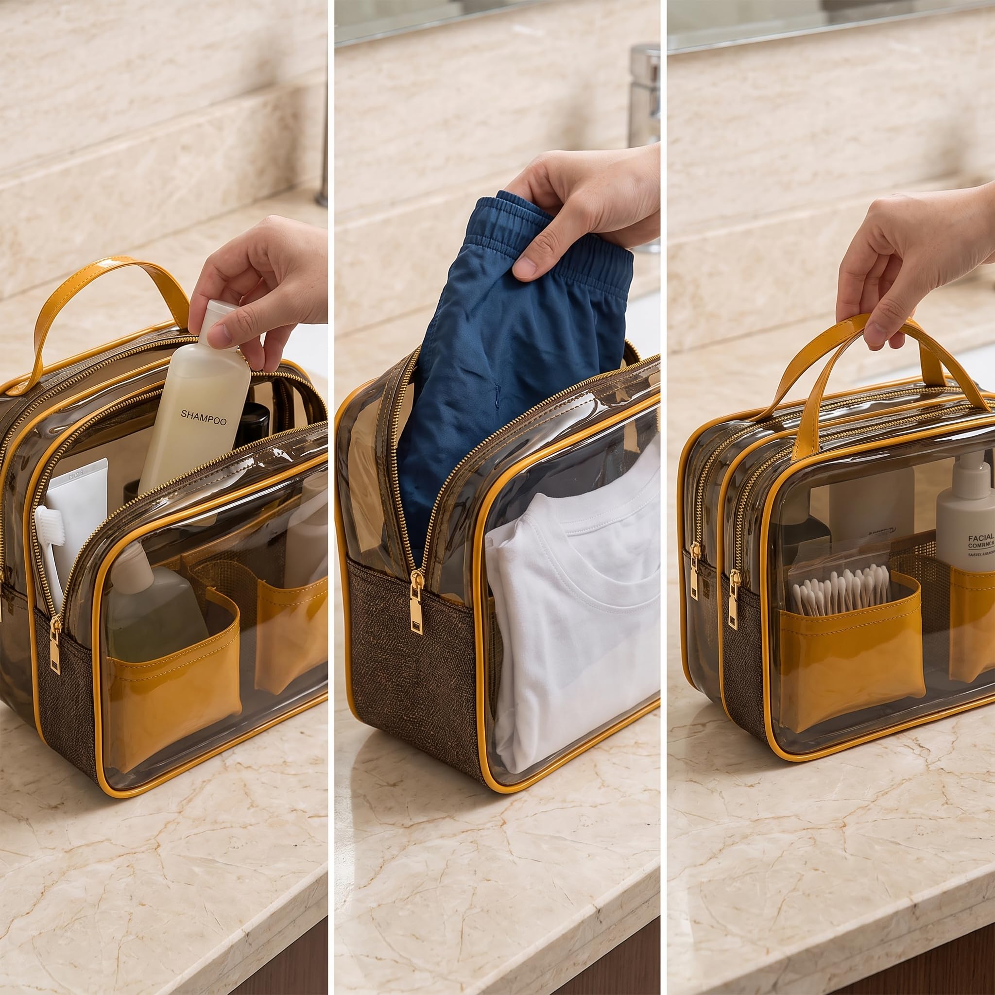 Transparente Toilettentasche mit Nassfach – wasserdichte Waschtasche für und Kosmetik, Bernsteinorange, Orange