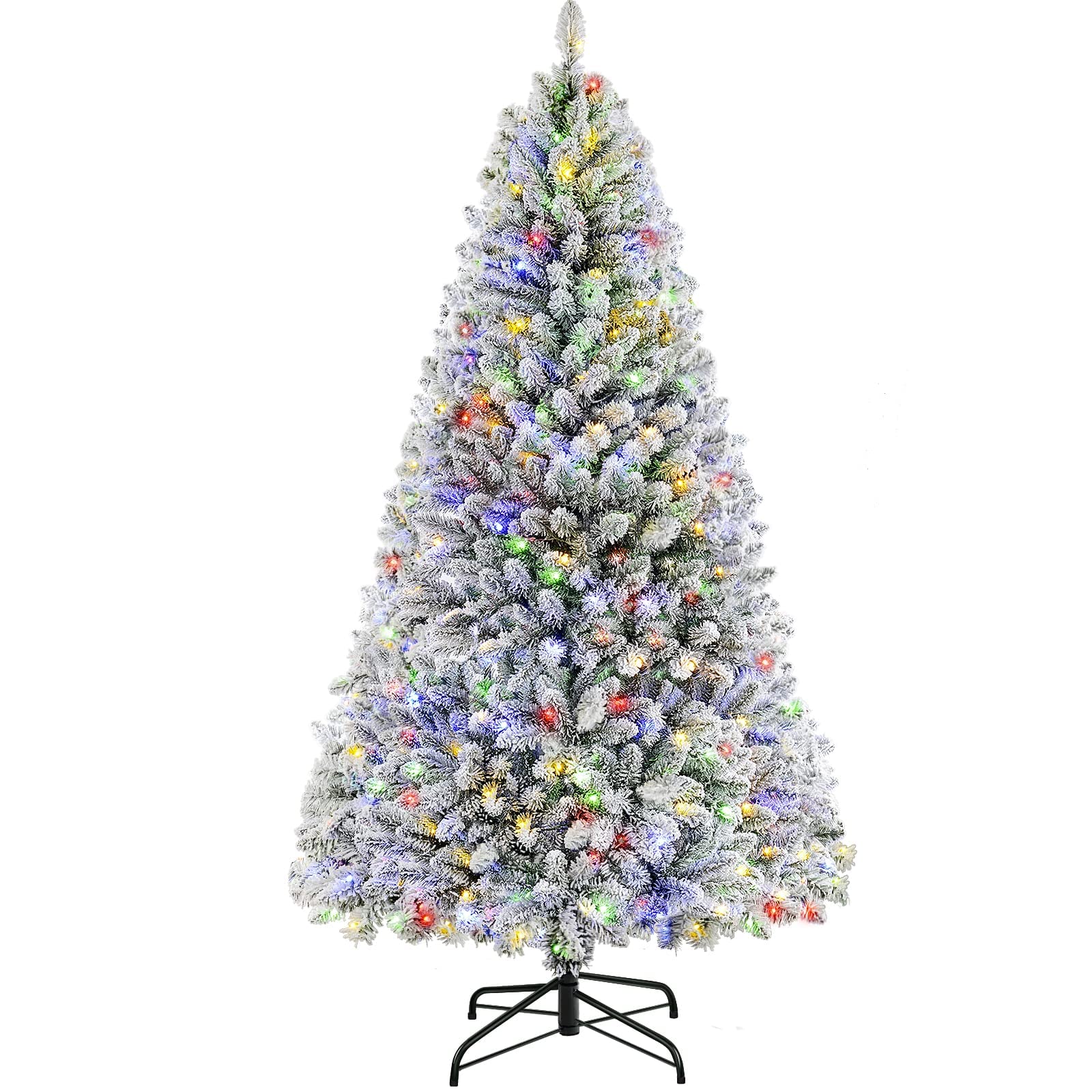 SHareconn 6ft Pre-Lighted Faux Hinged Snowflake Flocked Christmas Tree with 470 Warm White/Multi-Colored Lights, Foldable Metal Stand, Lifelike, Perfect for Home Office Christmas Ornaments, 182CM
