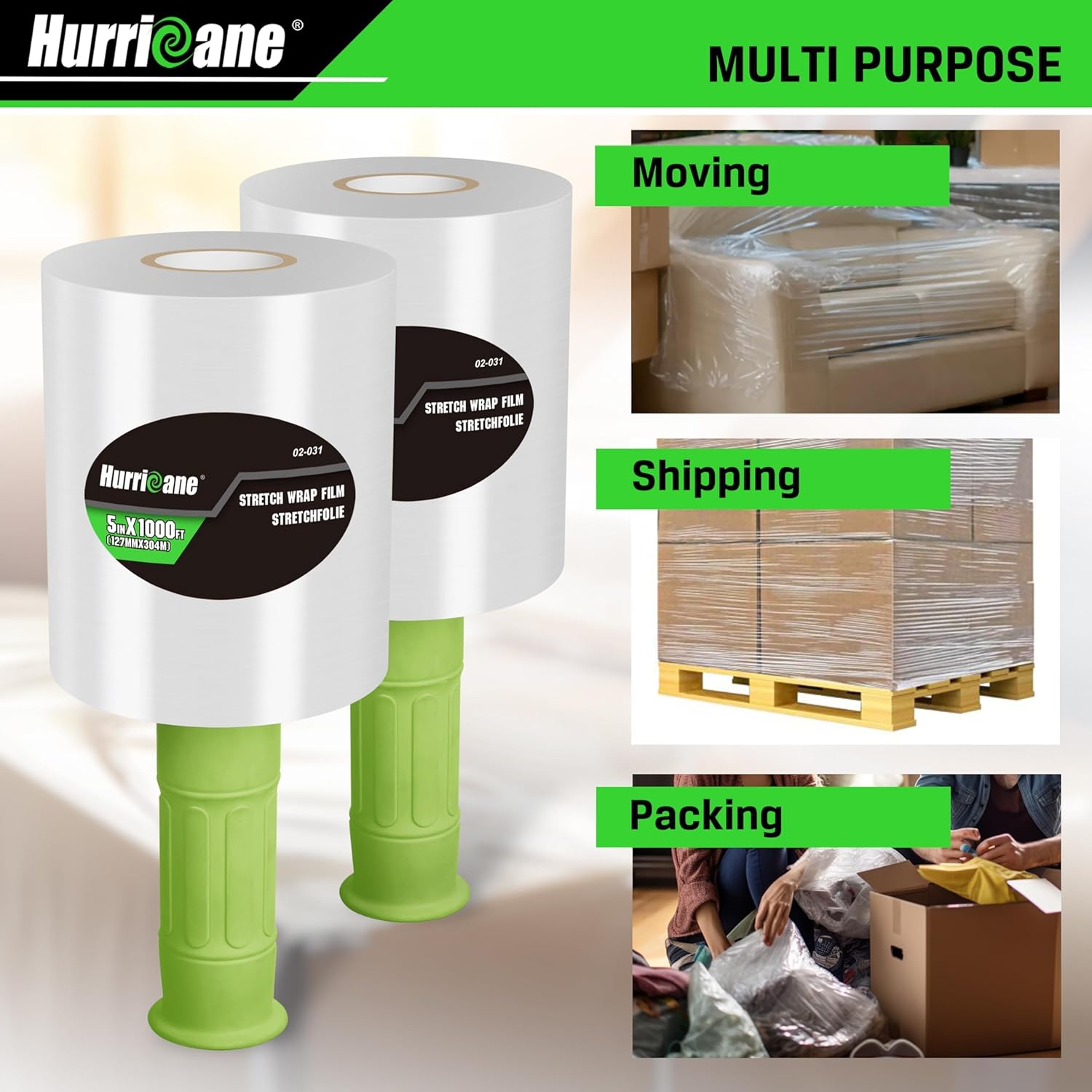 HURRICANE Stretch Wrap Film with Plastic Handle, 2 Pack Mini Clear Stretch Wrap Film Roll, 80-Gauge 5 Inch 1000 Ft, Clear Shrink Wrap Roll Stretch Plastic Wrap Roll, for Packing, Moving, Storage