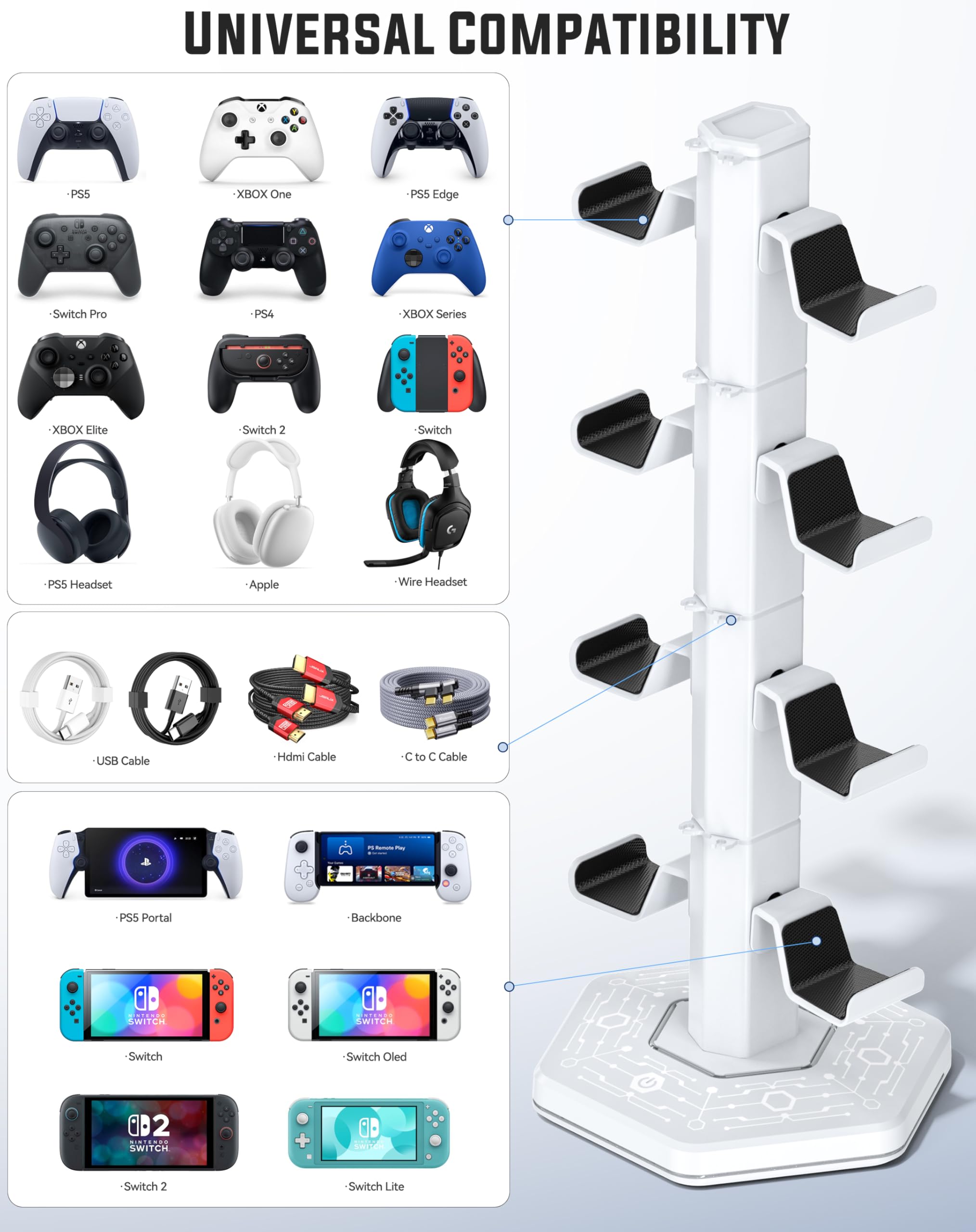4 Tier Supporto per Controller RGB con 9 Modalità di Illuminazione, Supporto Cuffie Gaming con 2 Porte USB 3.0 e Organizer per Cavi, Stand per Cuffie, Bianco